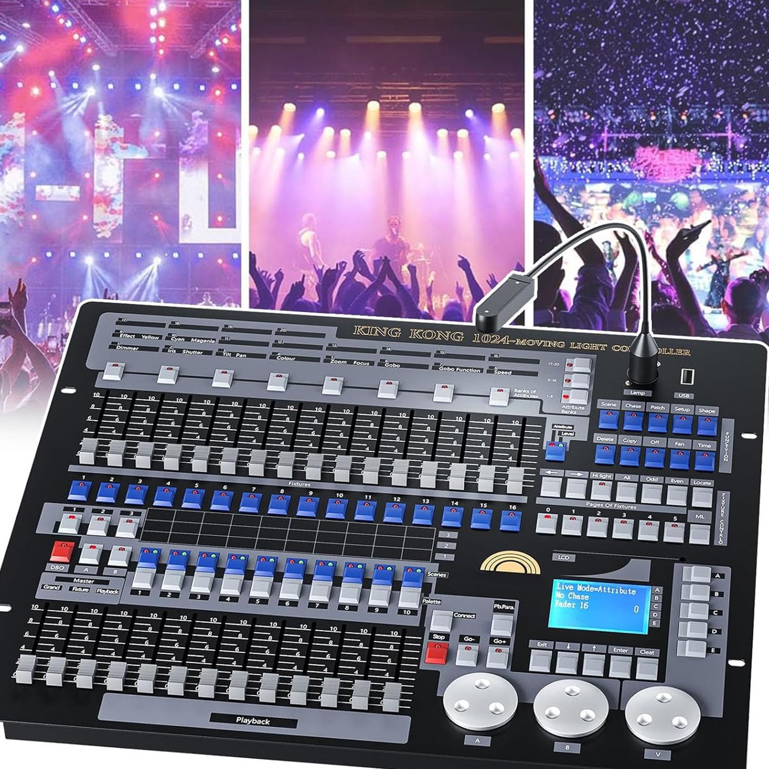 DMX - Controlador de luz, consola de luces de escenario 512, soporte de 60 escenas para 96 accesorios, equipo de DJ para fiestas, espectáculos de música, clubes con estuche de aviación