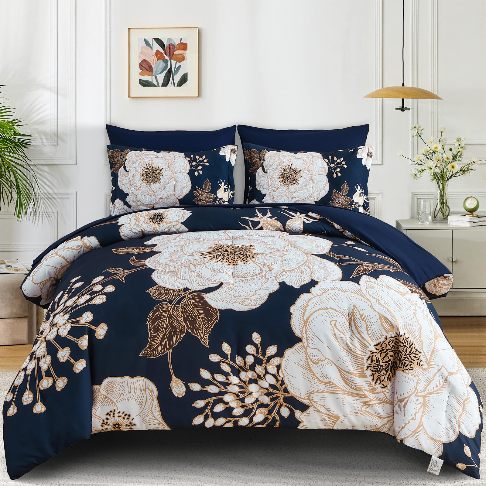 Luxudecor Floral Queen Comforter Set 7 Pieces Bed in a Bag, White Flower Print on Navy Blue Bedding Set, Soft Reversible Comforter with Sheet Set 90"