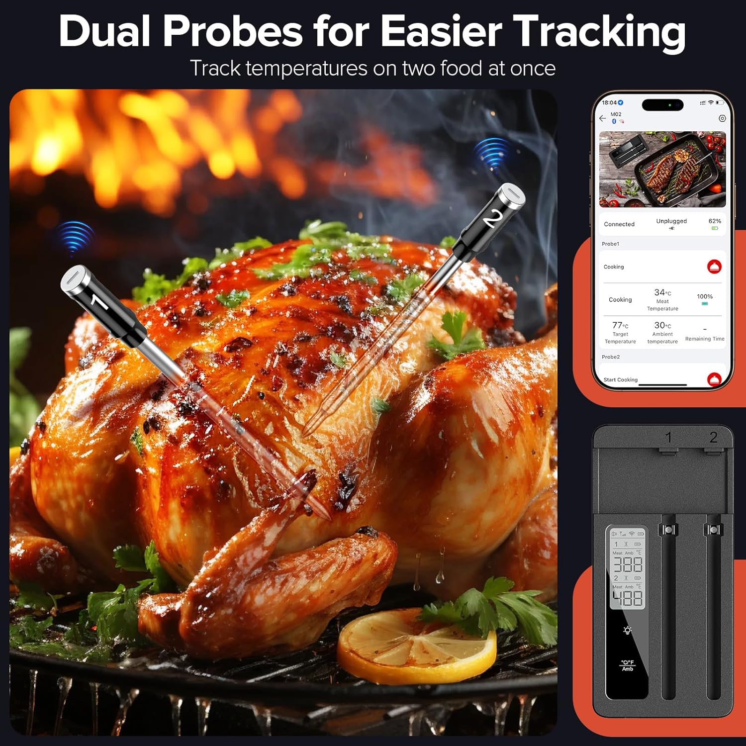 Two ROUUO probes simultaneously monitoring a roasted chicken on a grill.