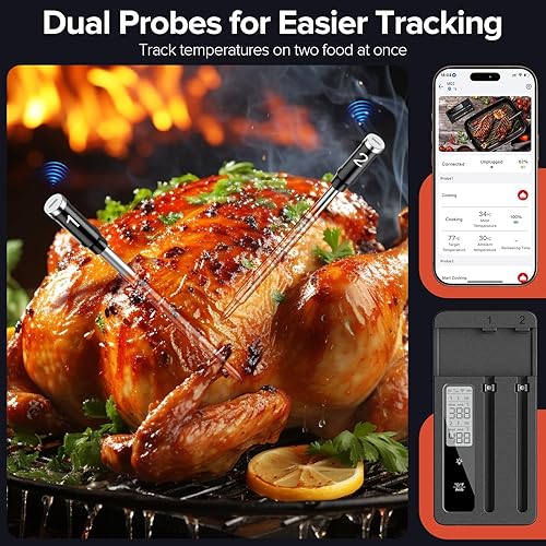 Miniatura 4 de Termómetro inalámbrico inteligente para carne con sondas duales, termómetro de cocina Bluetooth avanzado para asar a la parrilla, ahumar, asar al