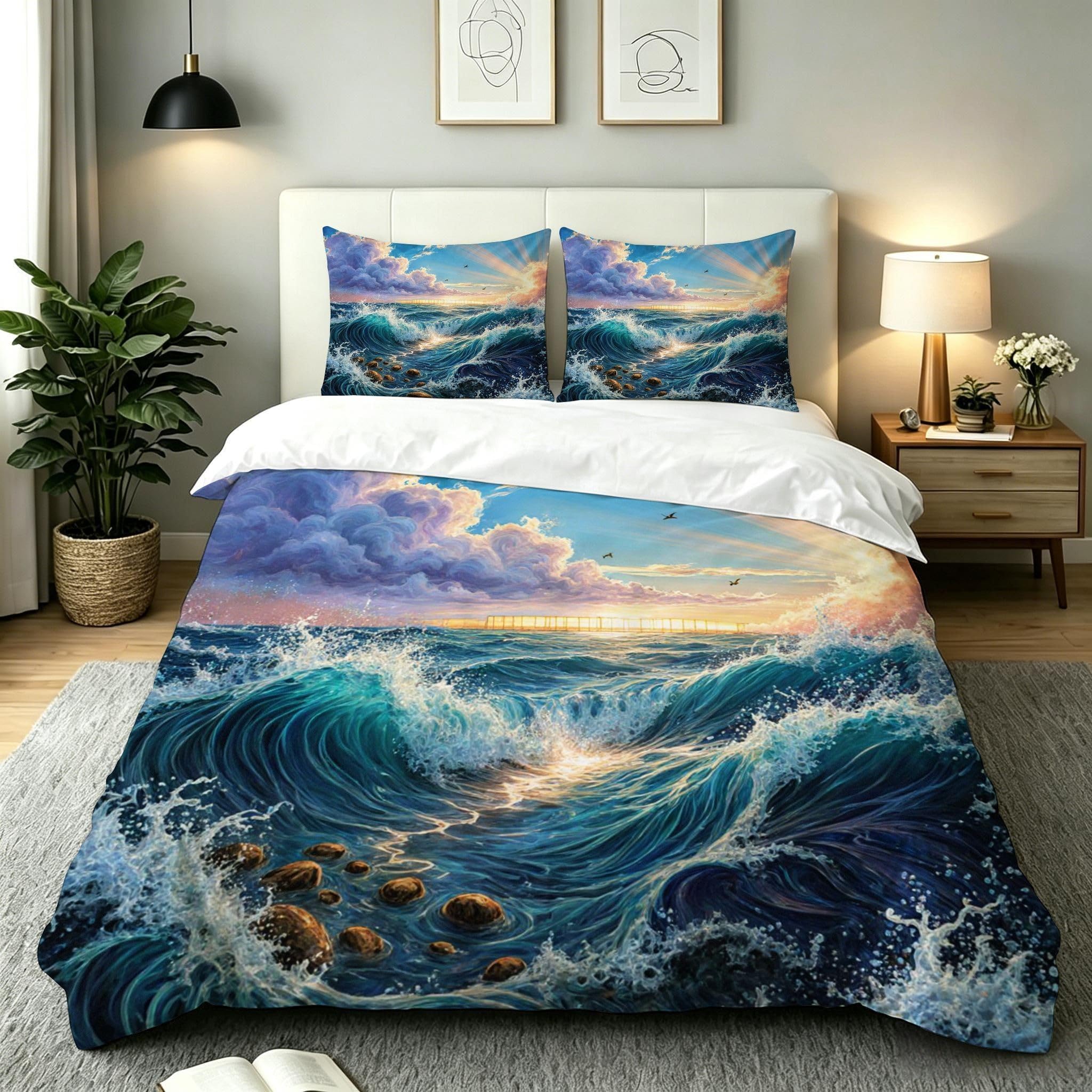Housse de Couette Vague Bleue 140x200 pour Chambre Enfant Lit Simple et Ado AW9122