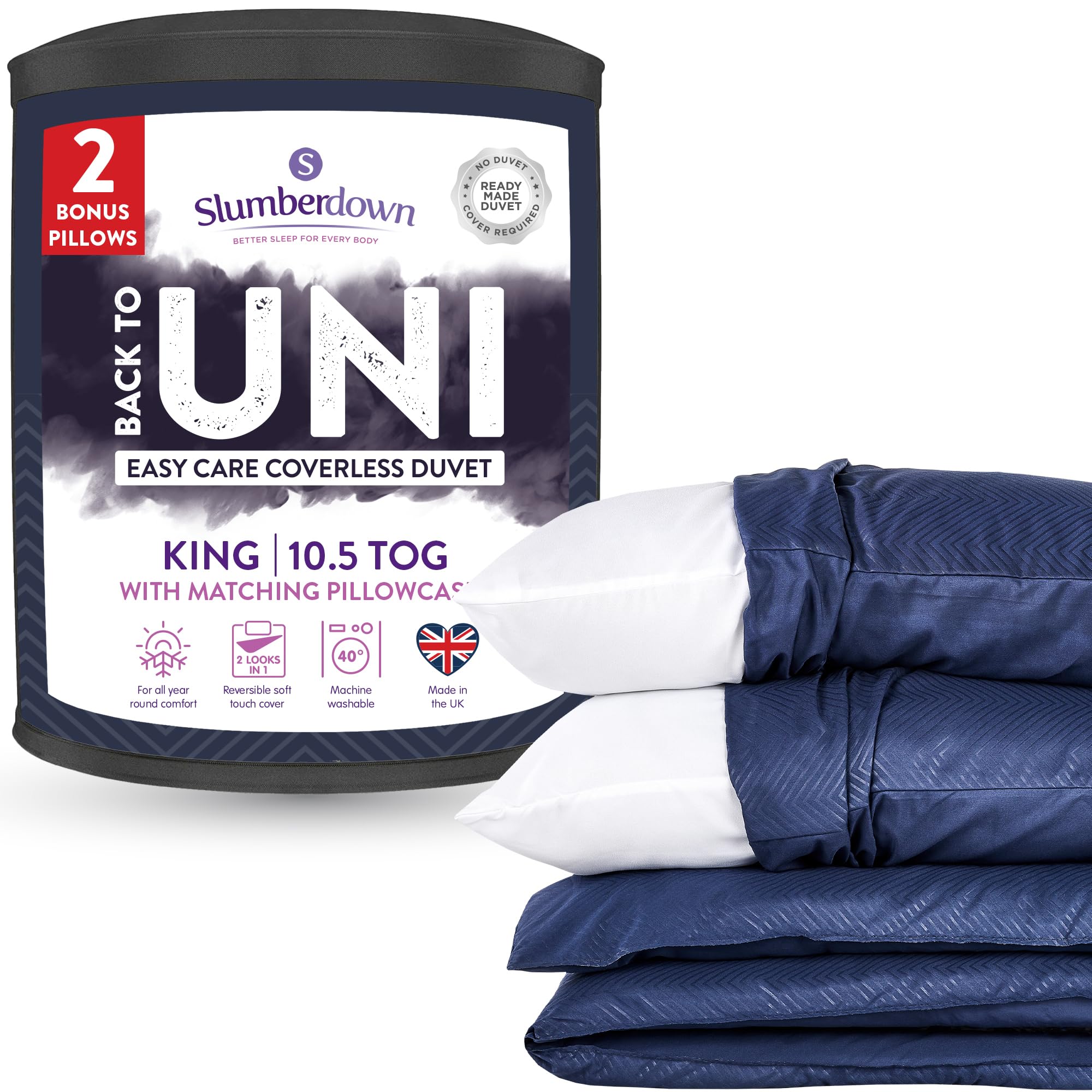 Slumberdown Back to Uni Bed Set - 10.5 Tog Coverless Kingsize Duvet & Pillow Set with 2 Matching Pillowcases, Perfect for University Students - Hypoallergenic, Washable, Navy Herringbone (225 x 220cm)