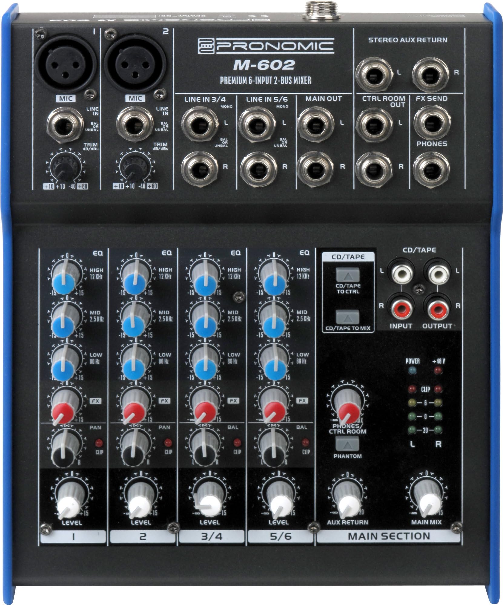 Pronomic M-602 6-Kanal Mischpult mit 2 XLR, 3-Band EQ und FX-Send | 2 Mono-Kanäle, 2 Stereo-Kanäle, 48 V, 3-Band EQ, FX-Send, Aux Return, Control Room Out, Netzteil