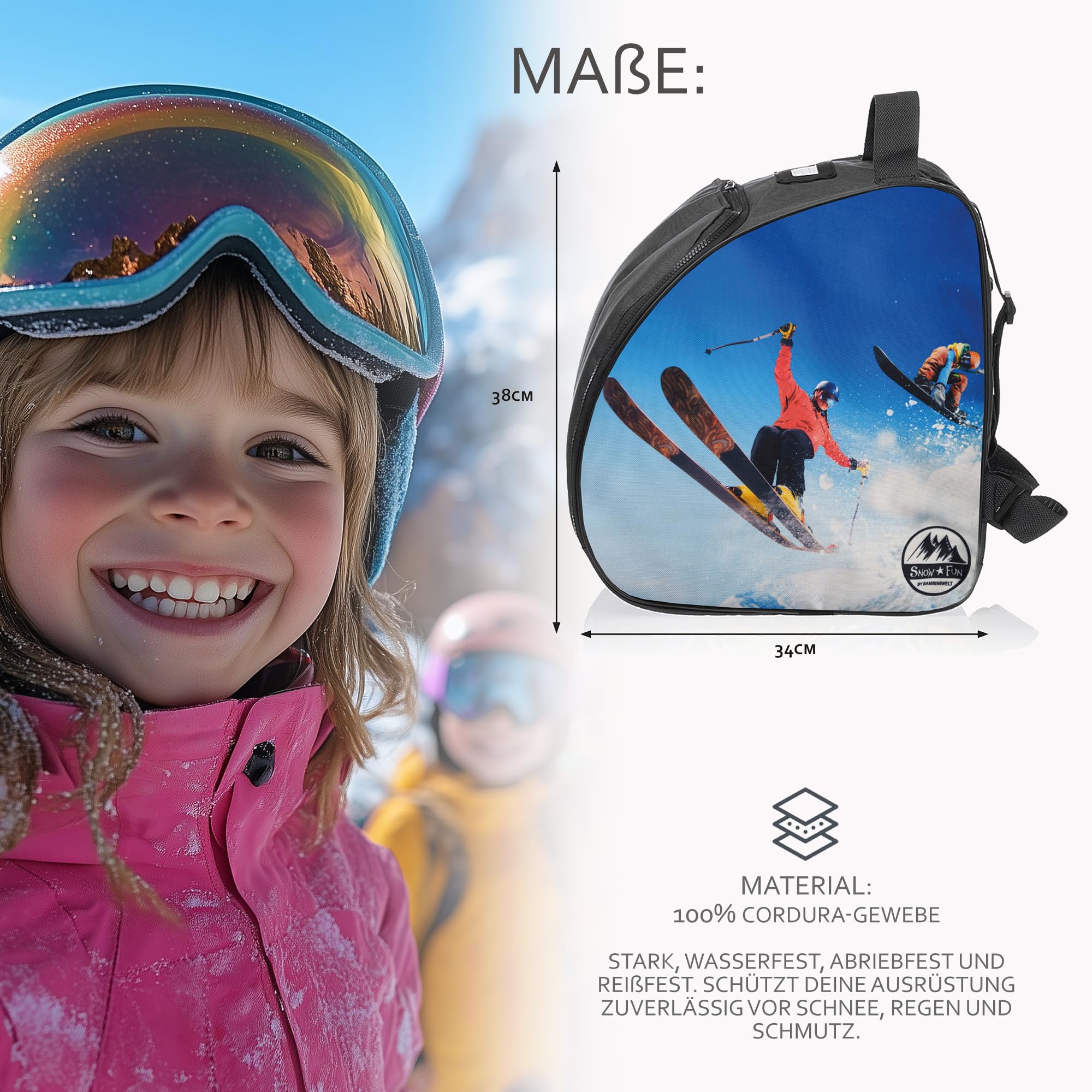 BambiniWelt by Rafael K. Kinder Skistiefeltasche [Ski-Schuh-Tasche für Kinder] Skiboots Rucksack integrierte Standfläche Platz für Boots Helm Skibrille Handschuhe Kinder-Skischuhrucksack