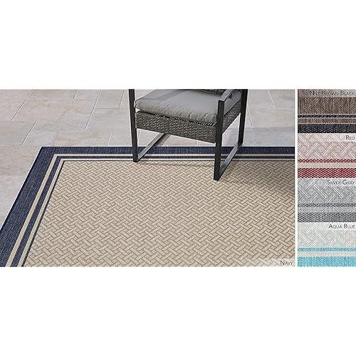 Gertmenian Indoor Outdoor Classic Flatweave Area Rug, Stain & UV Resistant Carpet, Deck, Patio, Poolside & Mudroom, 8x10 Ft Large, Simple Border, Steel Gray Silver, 21942