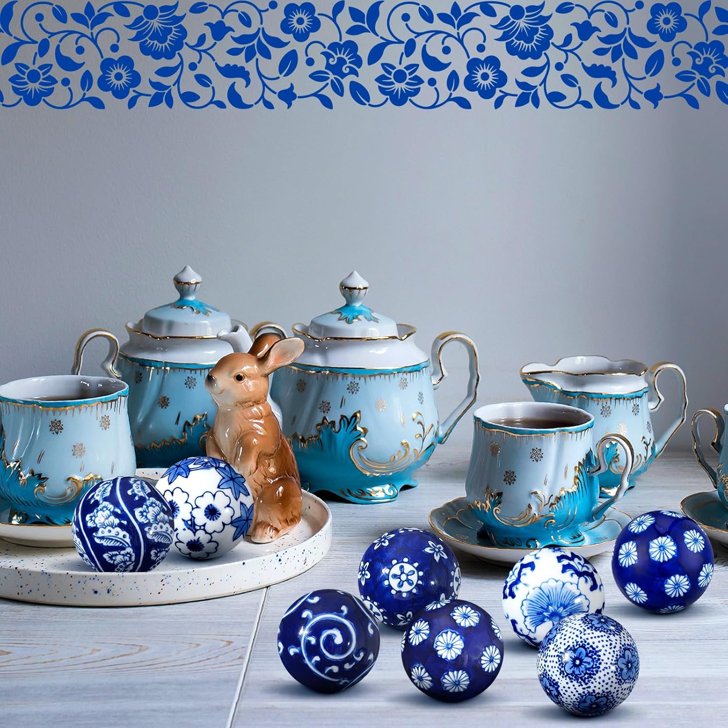 BBTO 8 Pcs Porcelain Decorative Balls for Centerpiece Bowls, Vases,Tables, Blue Traditional with Bohemian Influence, Elegant Home Decor for Living Room Office(Classic)