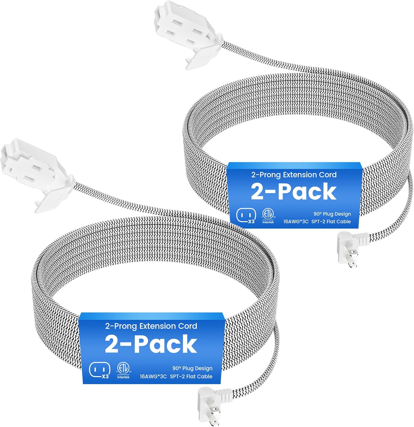 2-Pack 2 Prong Extension Cord 6FT, 90 Degree Plug, SPT-2, Flat Nylon Braided Power Extension Cord with 3 Outlets, Multiple Outlets with Tamper Guard, ETL Listed, Outlet Saver, 16 Gauge Wire, 13A/125V