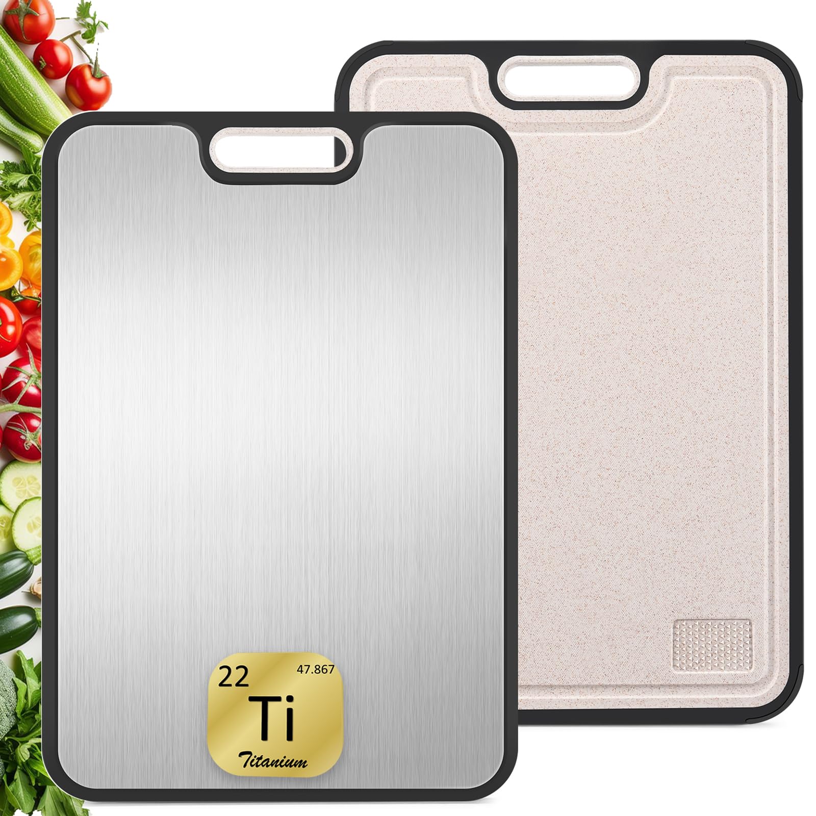 Tagliere Double Face 35.5x24.5 Cm - Acciaio Inox 304 E Paglia Di Grano, Antiscivolo, Con Scanalatura, Lavabile In Lavastoviglie