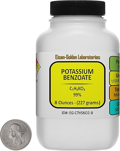 Miniatura 1 de Benzoato de potasio C7H5KO2 99% USP-FCC Microprills de grado alimenticio 8 oz en una botella