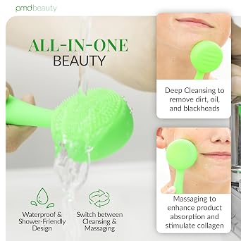 PMD Beauty Clean, Acne, and Redvolution - Electric Facial Cleansing Brush, Smart Facial Device with Silicone Brush & Anti-Aging Massager, Red and Blue LED Light