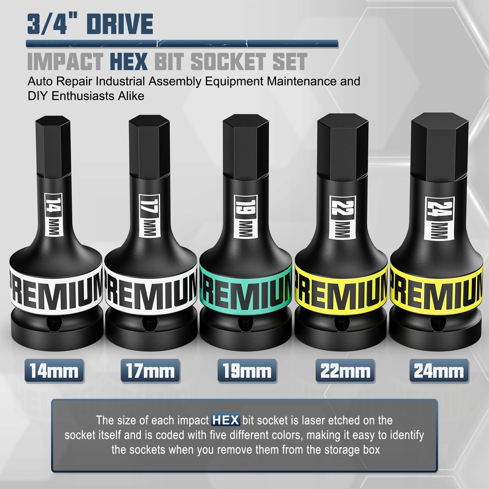 Aurlloct 3/4" Drive Impact Hex Bit Socket Set, 5 Piece Impact Allen Sockets, 14mm - Image 2