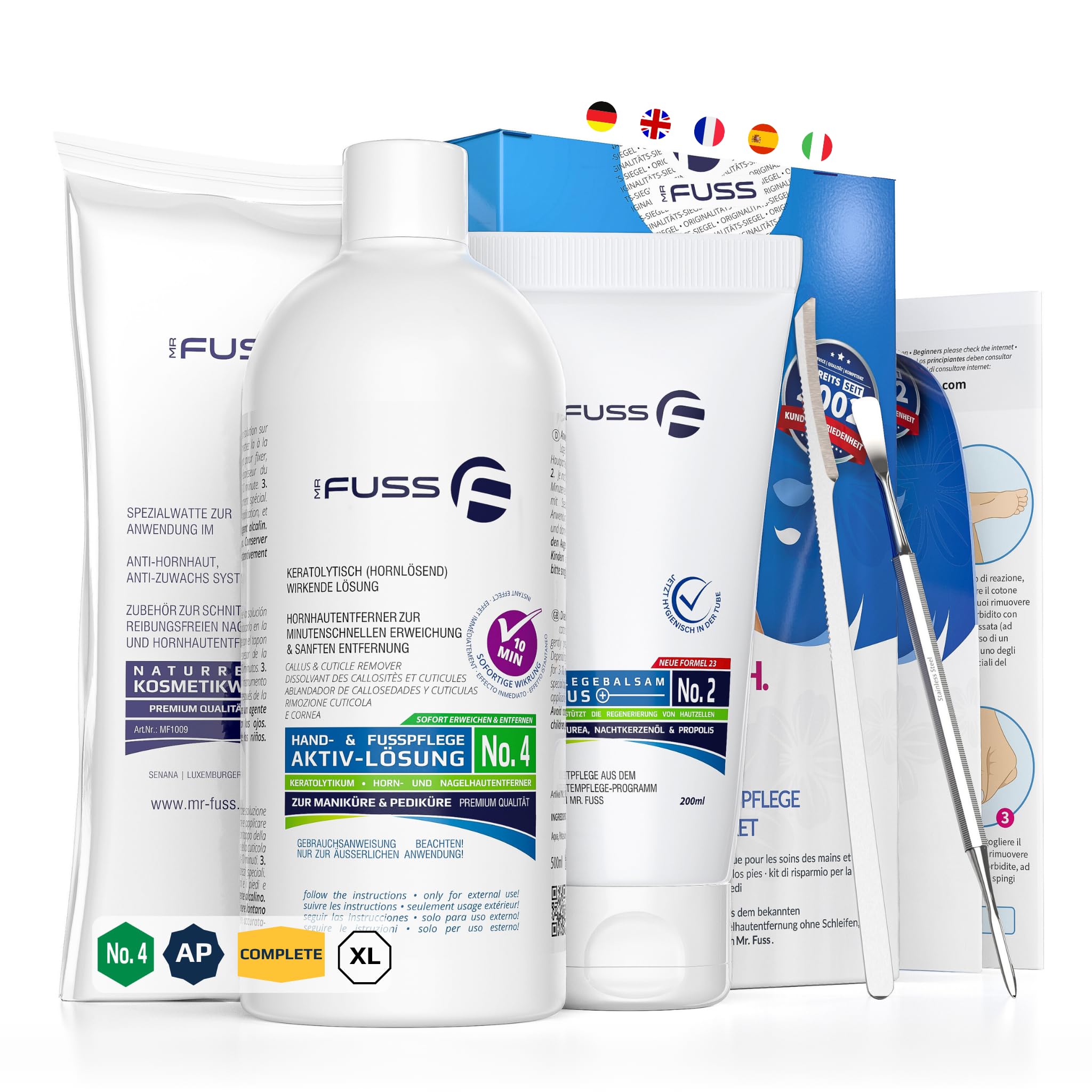 Mr. Fuss® N. 4 – Advanced Pack Complete – Grande, per cuticole e cuticole, confezione risparmio da 5 pezzi, soluzione attiva ammorbidente rapido – 500 ml, balsamo n. 2 – 200 ml, ovatta, set di posate