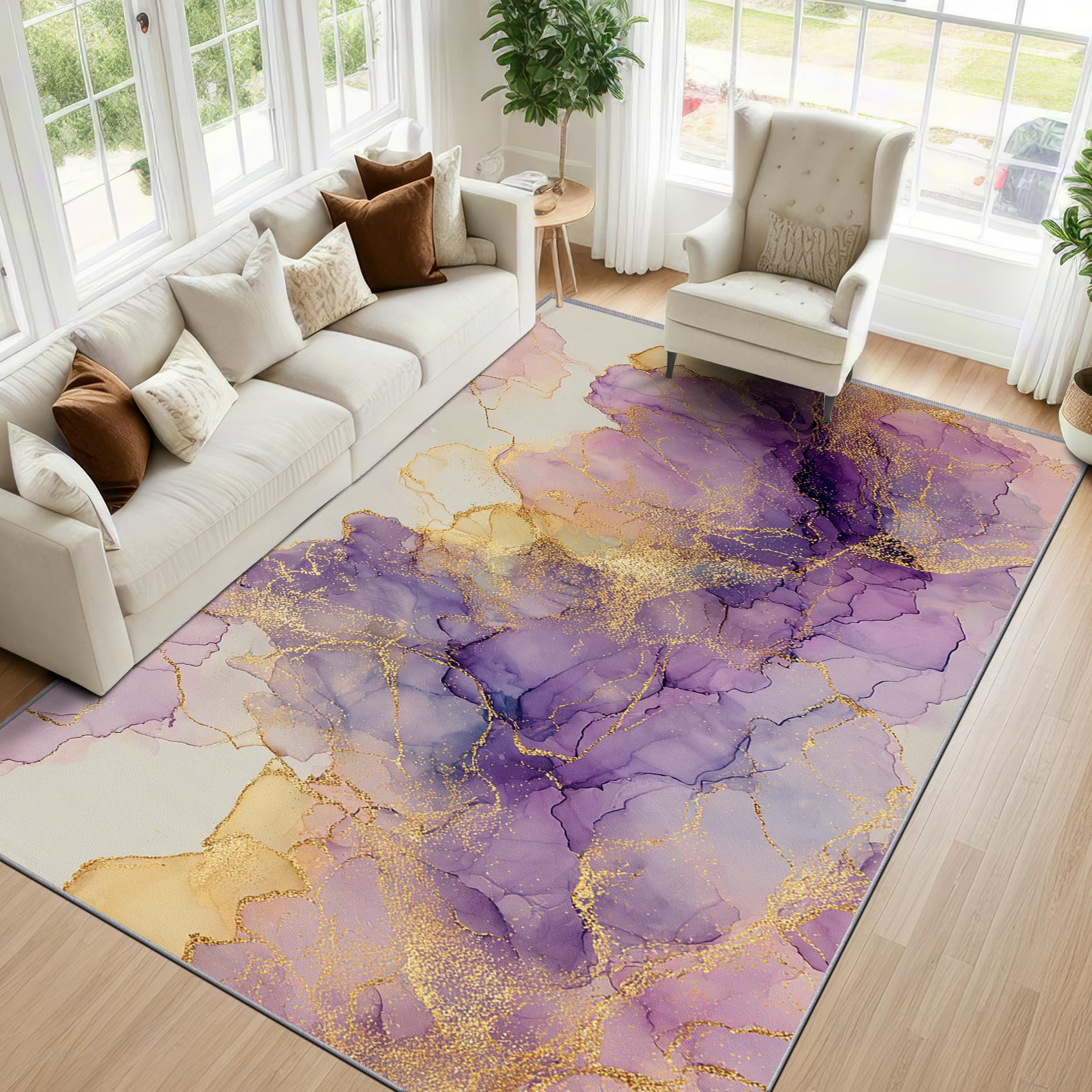 Mistela Lila Gold Teppich 80x150 cm – Moderne Abstrakte Aquarellmalerei Waschbarer Rutschfester Kurzflor Teppich für Wohnzimmer Schlafzimmer Esszimmer Büro Eingang in Lila Gold