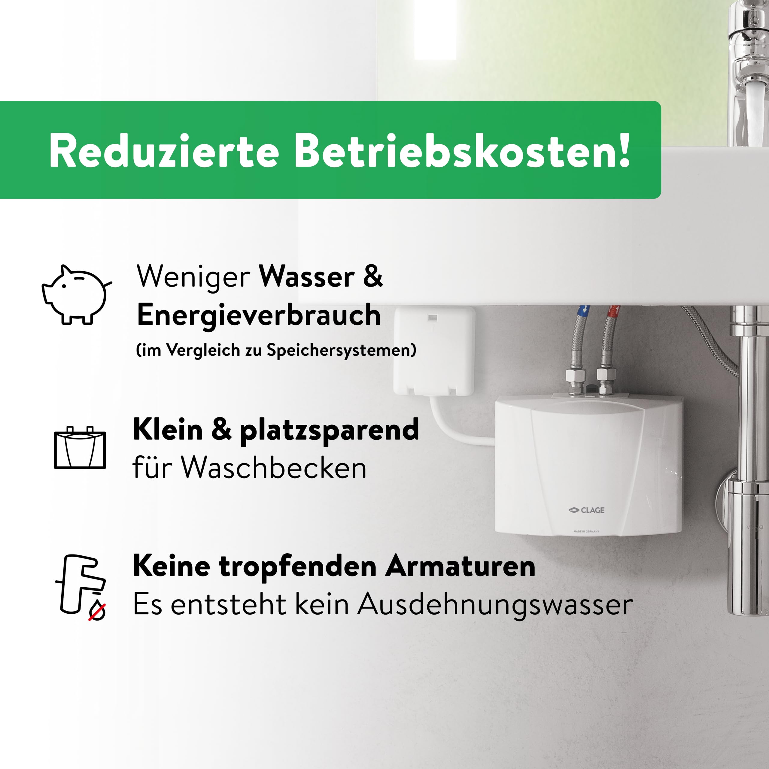 CLAGE MBH4 hydraulischer Klein-Durchlauferhitzer fürs Handwaschbecken, 4,4 kW, mit Stecker, druckfest + drucklos, VDE-GS geprüft, 1500-16004
