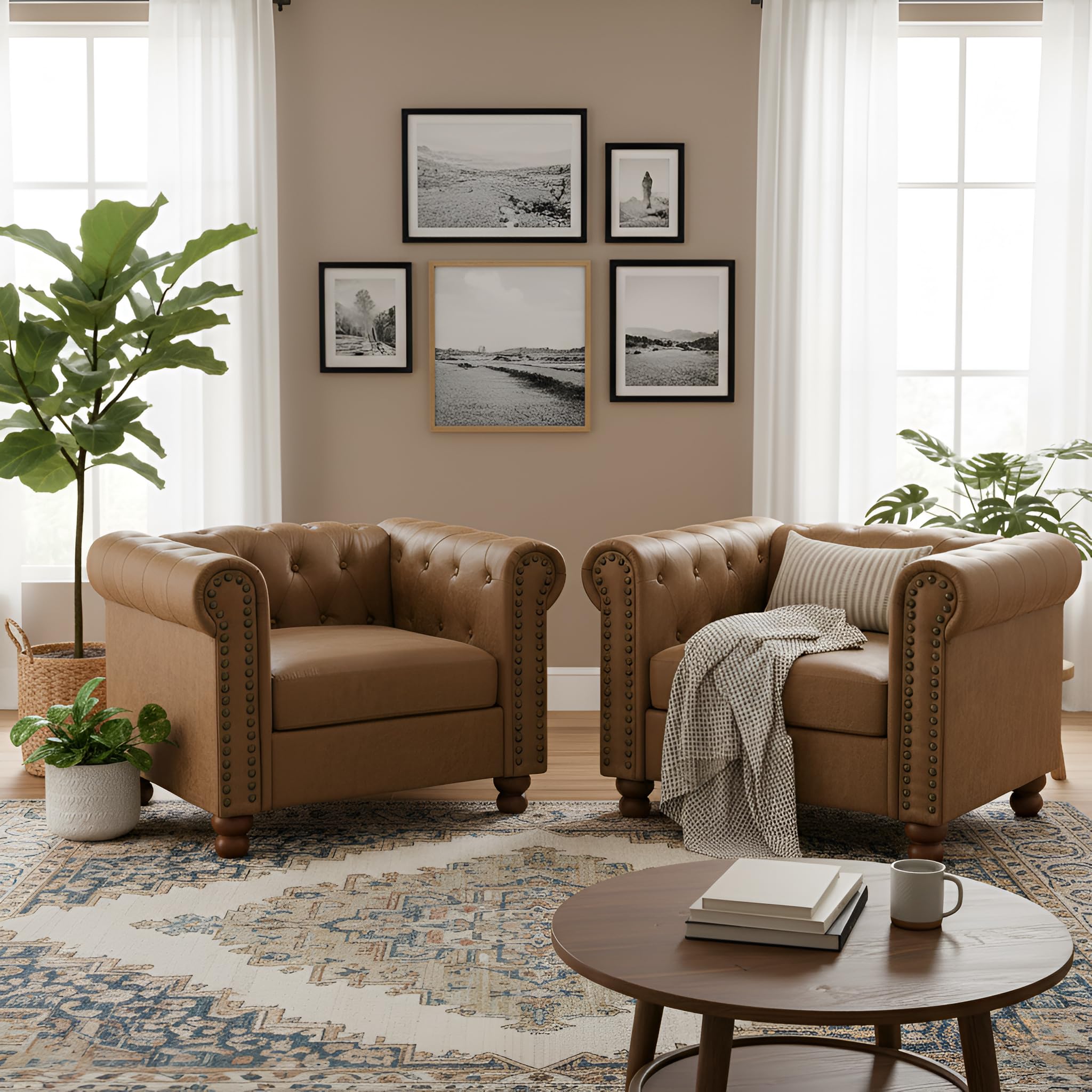 Asucoora Rolled Arm Air Leather Club Chair Set of 2, 2-Piece Accent Chair Set for Living Room Small Apartment Office Décor