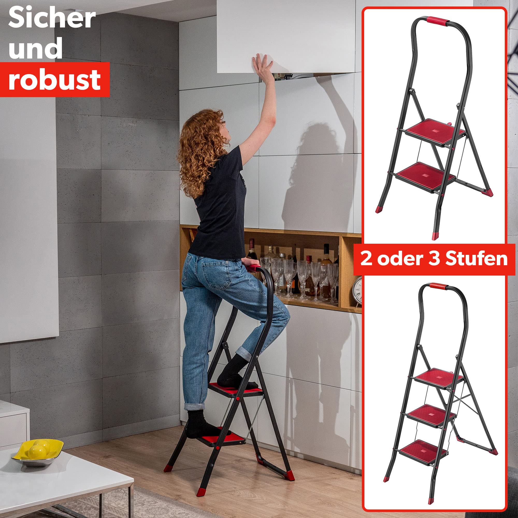 KADAX Klappbare Stahlleiter, 2-stufige Trittleiter mit rutschfesten Stufen, Traglast bis 150 kg, schwarz-rot, mit Klappsicherung und Handlauf