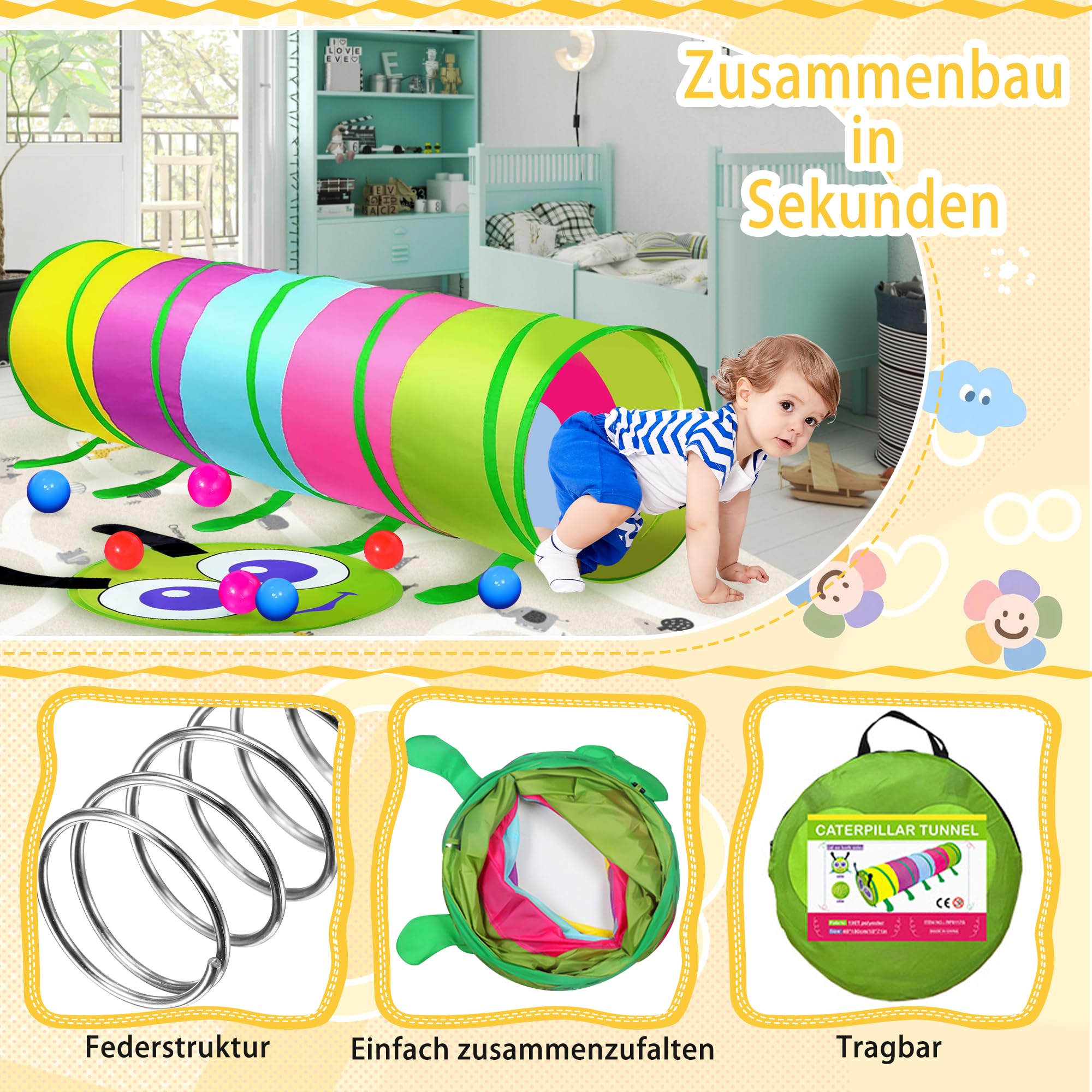 Tunel de Juego Infantil, Tienda Campaña Infantil de 1, 2 y 3 Años, Tunel de Juegos Multifuncional para Niños en Interior y Exterior, Túnel Infantil Plegable y Ligero