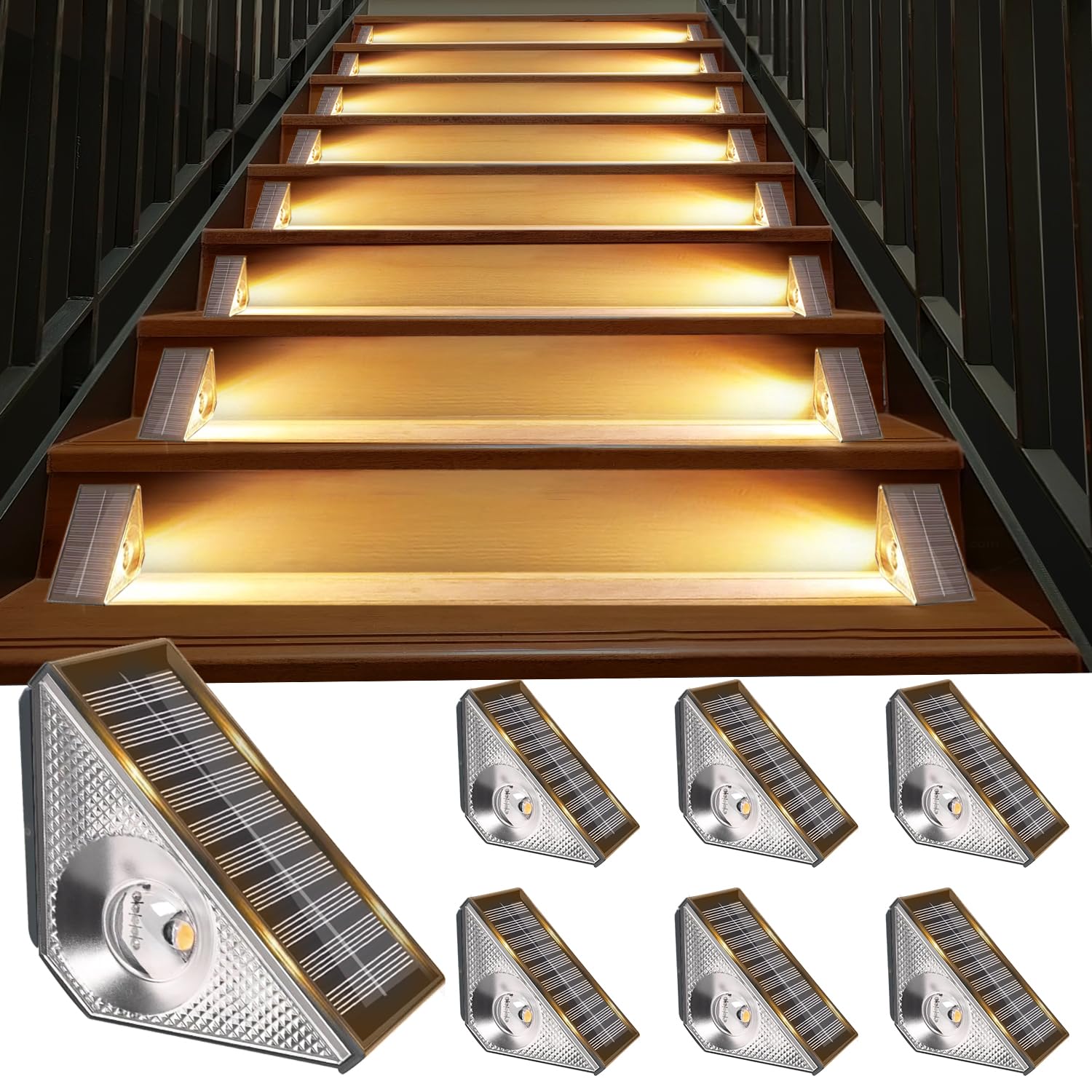 Bzavor Lot de 6 lampes solaires pour extérieur de jardin, IP65, étanche, éclairage d'escalier, éclairage d'escalier, éclairage de terrasse extérieur, LED blanc chaud, pour terrasse, clôture
