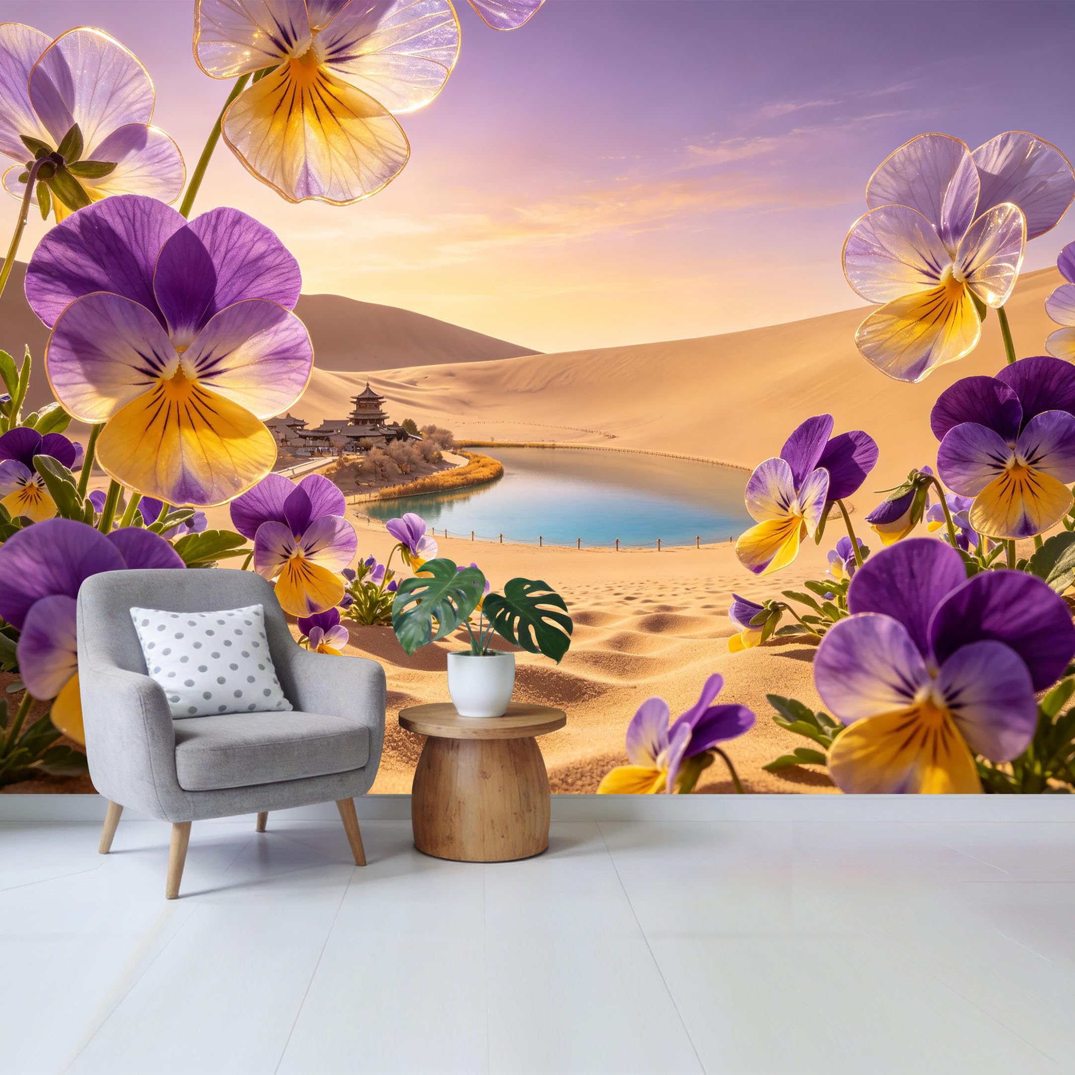 Qzlithotic Yq2605250928 Custom Size Wall Mural Purple Pansy Flowers Desert Oasis Lake Landscape Botanical Selfadhesive Wall Fabric Removable Wallpaper For Home Office Decor