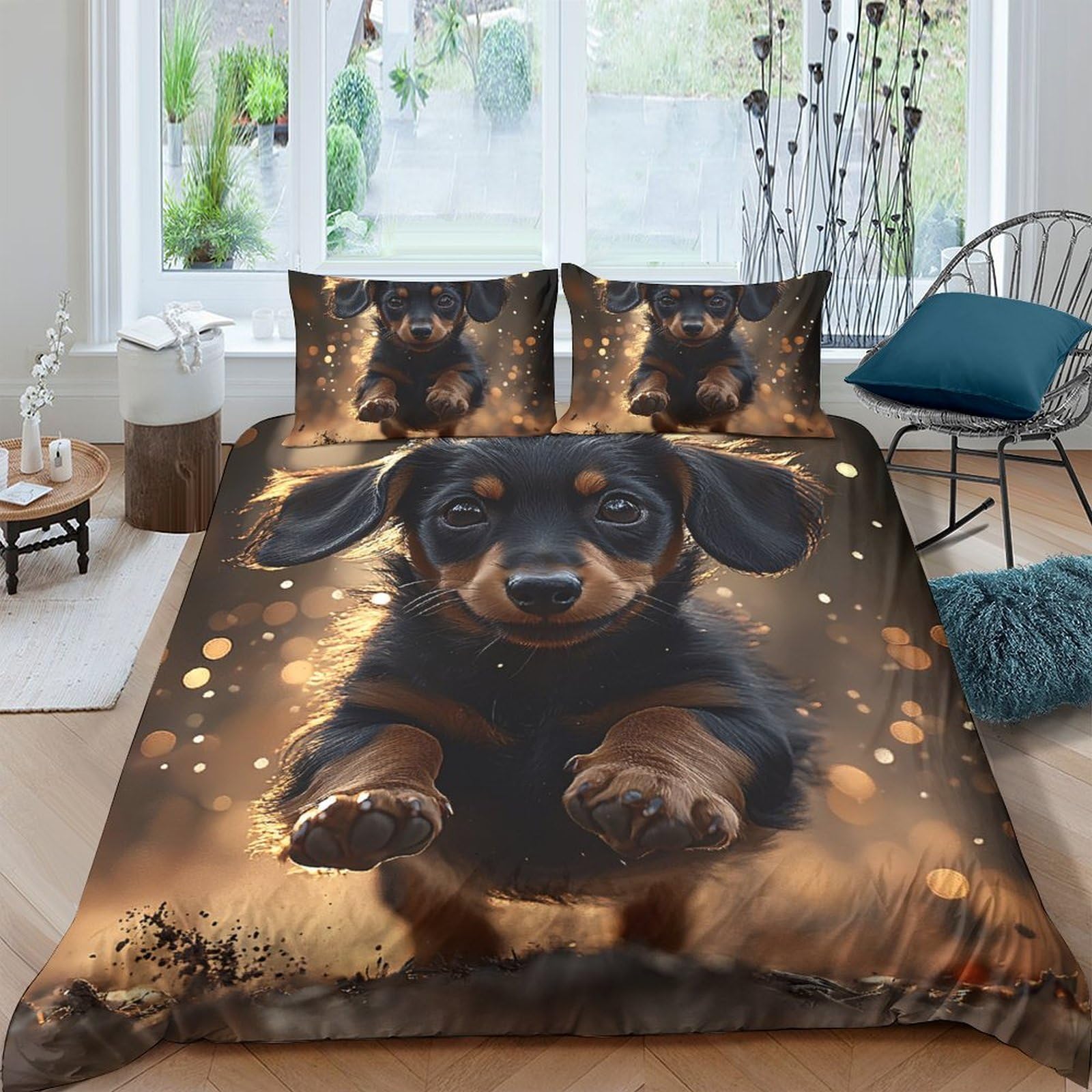 GPLZQXKJNH 3D Printed Dachshund Dog Duvet Cover Set Microfiber Soft Breathable Brown Puppy Quilt Cover with 2 Pillowcases for Bedroom Decor Single（135x200cm）
