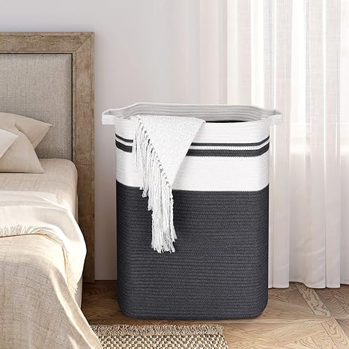 Miniatura 5 de DOFASAYI Cesta de lavandería  Cesta de lavandería rectangular de algodón con asas, cesta decorativa para manta de sala de estar, cesta de