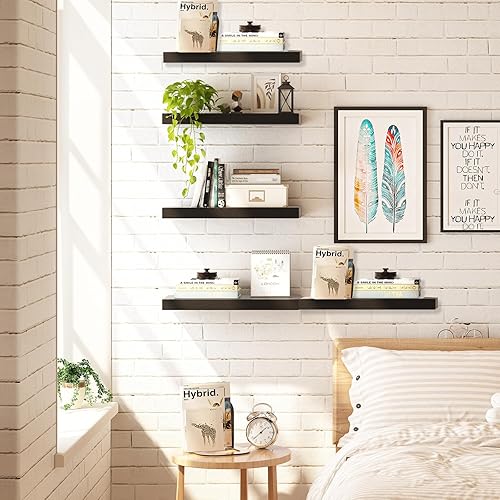 Miniatura 2 de Fixwal Juego de 5 estantes flotantes de madera rústica de 15.8 pulgadas para almacenamiento de pared con soportes invisibles, decoración de pared de