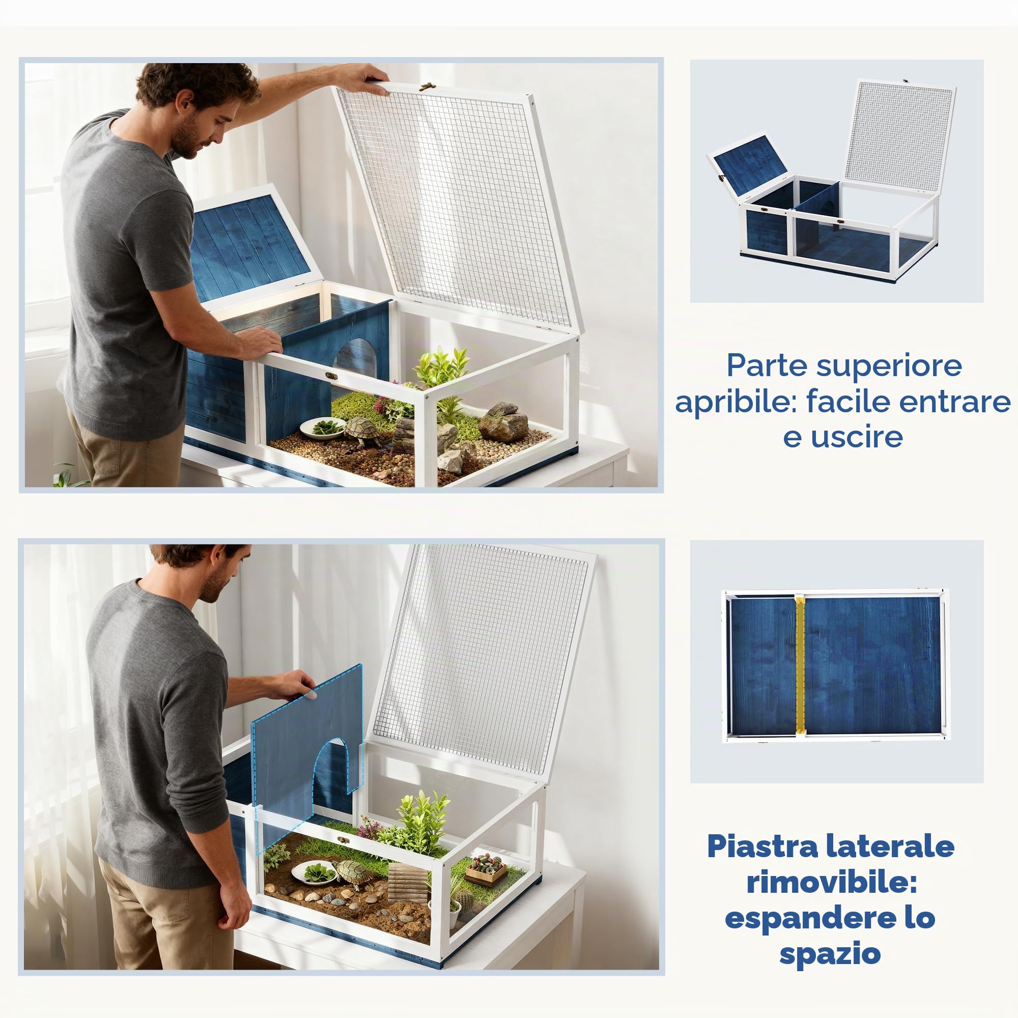 PawHut Casa tartarughe tetto rete legno rettili blu | Recinto per tartarughe in legno di abete, pannello laterale rimovibile, per tartarughe lucertole gechi serpenti