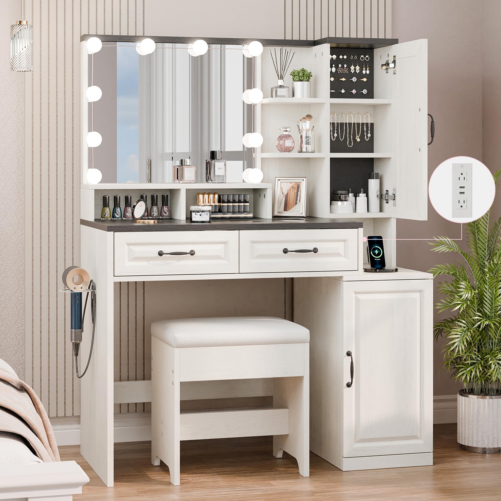 Farmhouse Makeup Vanity with Charging Station, Vanity Desk with Lights Mirror and Drawers, Glass Top Makeup Vanity with Jewelry Cabinet, Hairdryer Holder and Stool for Bedroom, Off White