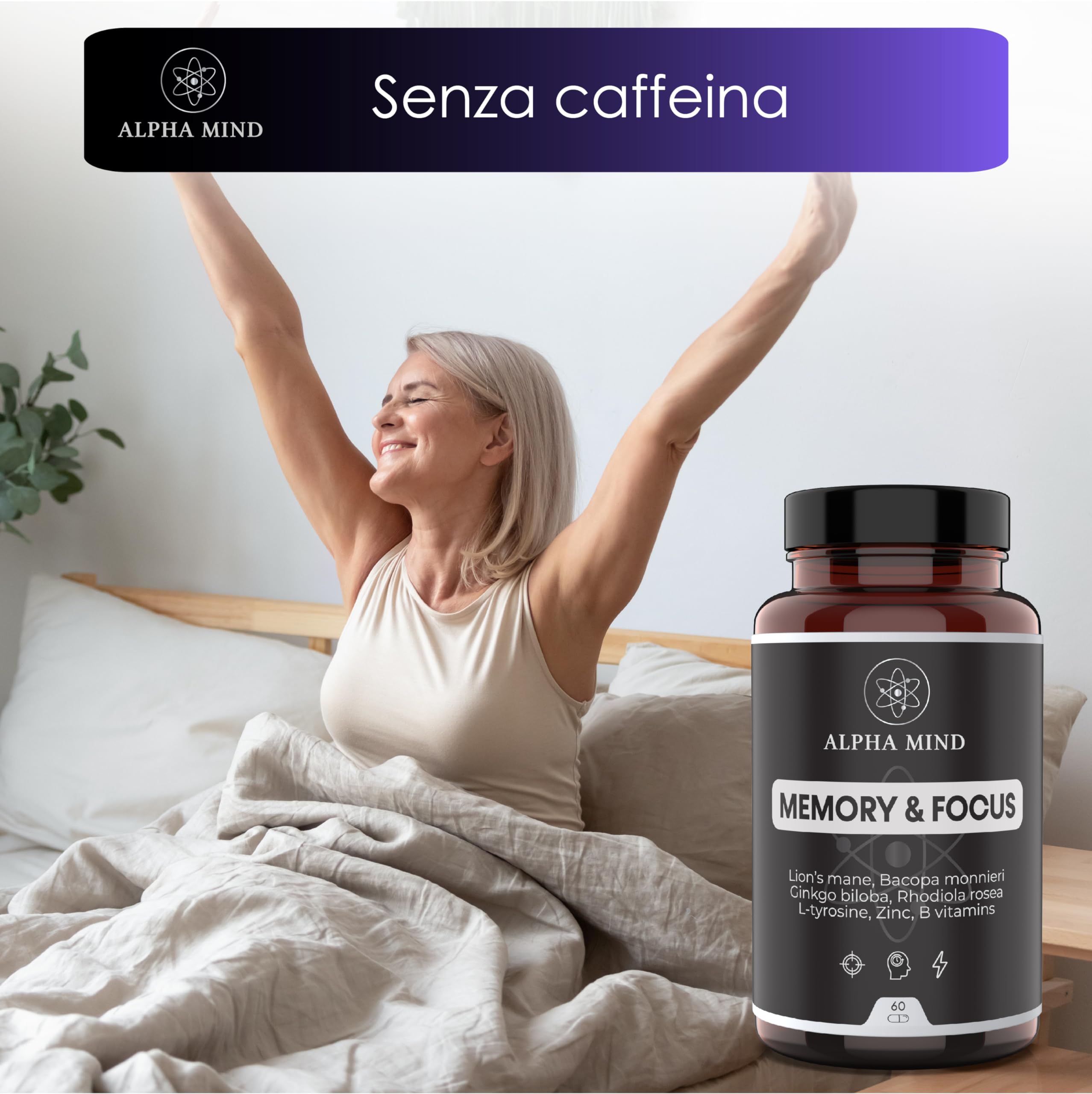 Nootropico Potente Naturale - Concentrazione, Memoria, Agilità Mentale - Con Lions mane, Ginkgo biloba, Bacopa Monnieri, Rhodiola Rosea, L Tirosina, Zinco, Vitamine B - Senza Caffeina