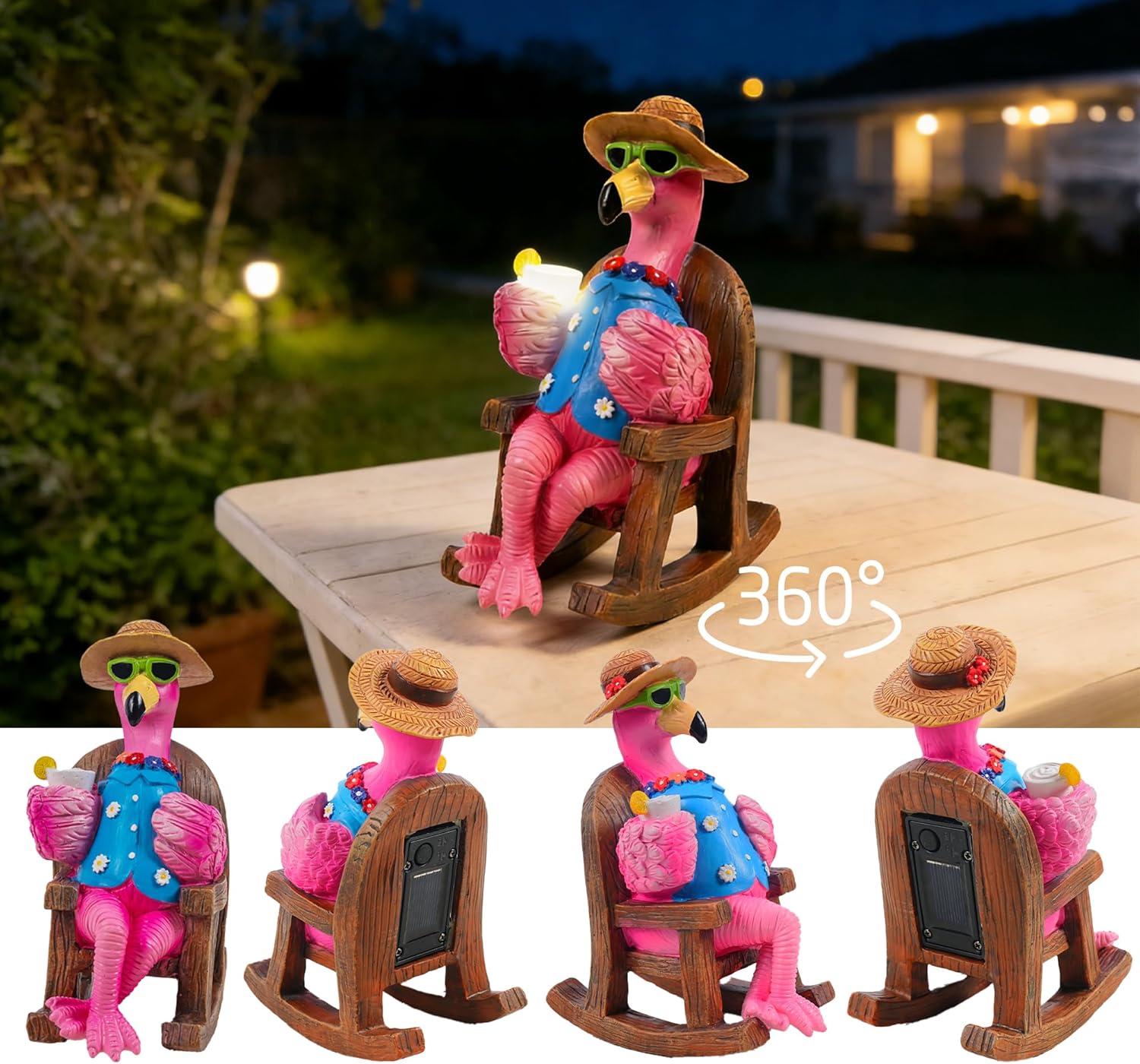 LIULO TOOL Solar Flamingo Figurines Garden Decor, Light Up Resin Flamingo Sitting on Chair Statue, Waterproof Outdoor Patio Sculpture, Cute Solar Powered Yard Decoration for Lawn Home Gift