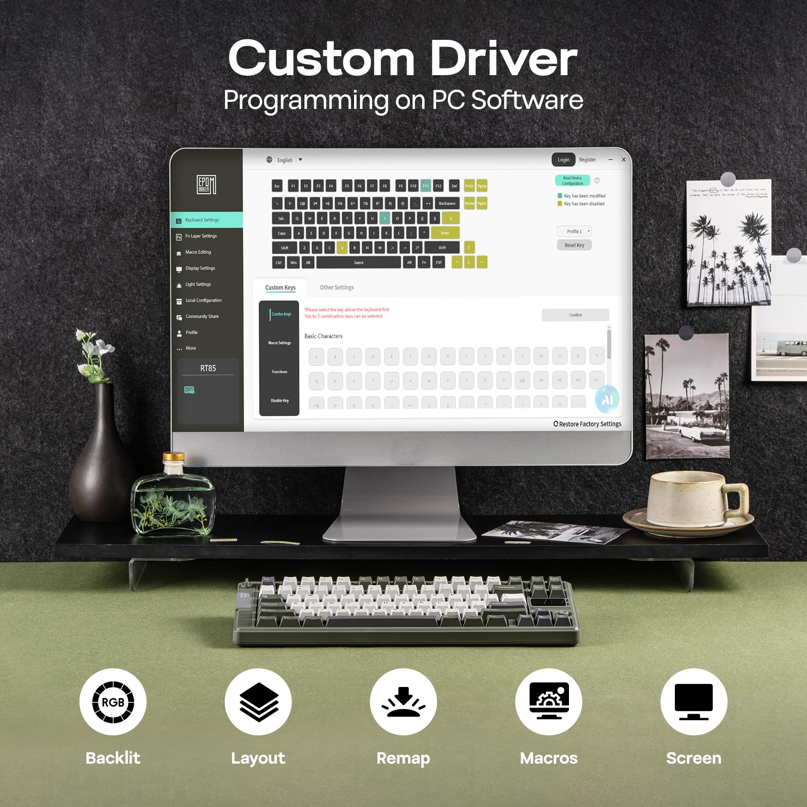 EPOMAKER RT85 Wireless Mechanical Keyboard with Joystick & DIY Screen, 8000mAh, BT/USB/2.4Ghz, Gasket, 5-Layer Paddings, Hot-Swap, PBT Keycap, 75% Gaming Keyboard (Retro White, Creamy Jade): Army Green Creamy Jade