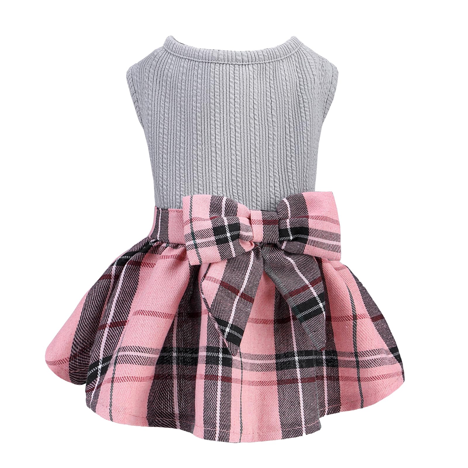 PUPTECK Classic Plaid Dog Dress Pet Apparel with Cute Bowtie Puppy Clothes Outfit,Grey,S