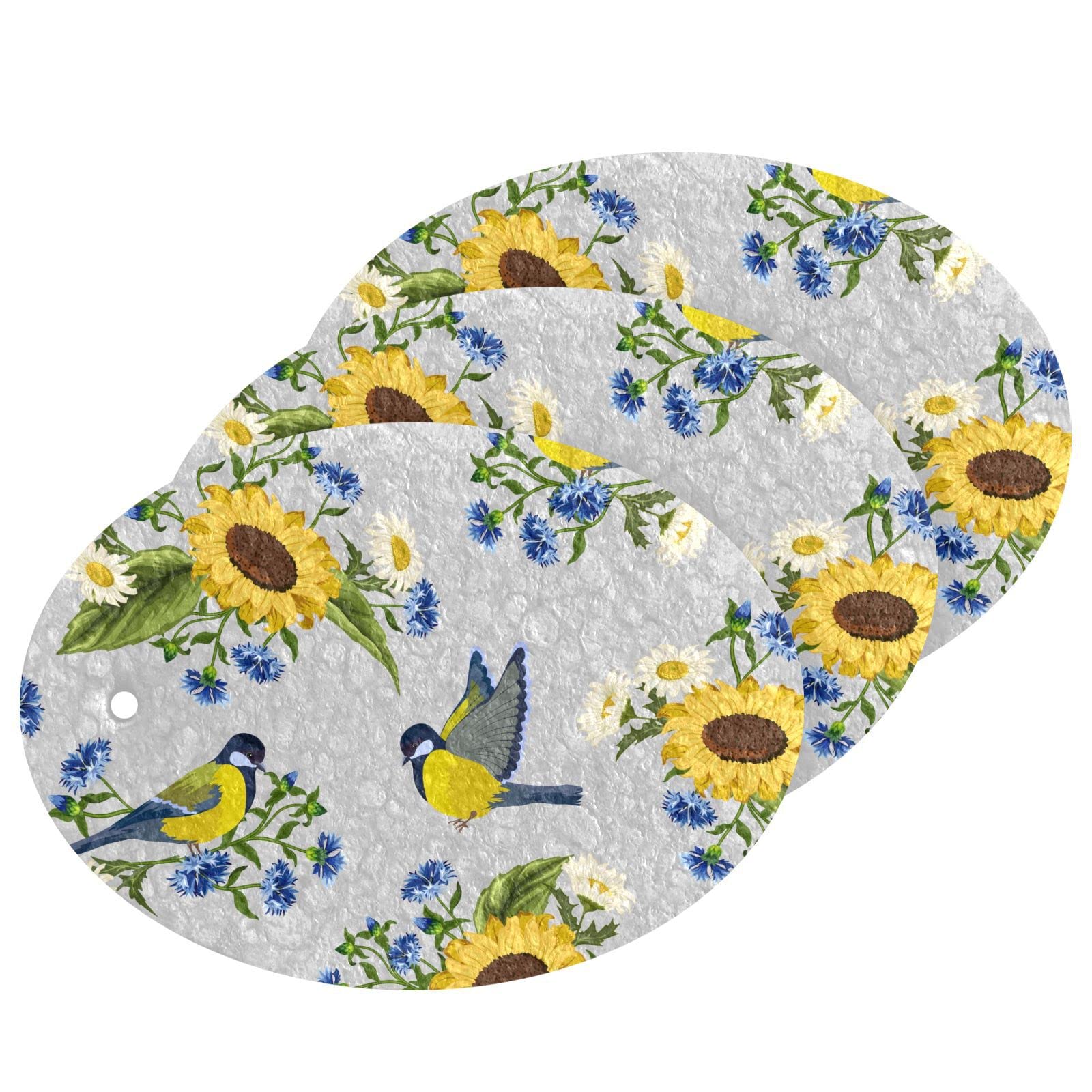 Sunflower Birds Dish Sponges Kitchen Summer Season Daisy Scrub Sponge Non Scratch Reusable Compressed Cellulose Sponge Hanging for Household Cleaning Washing Dishes Pots and Pans 3 Pack