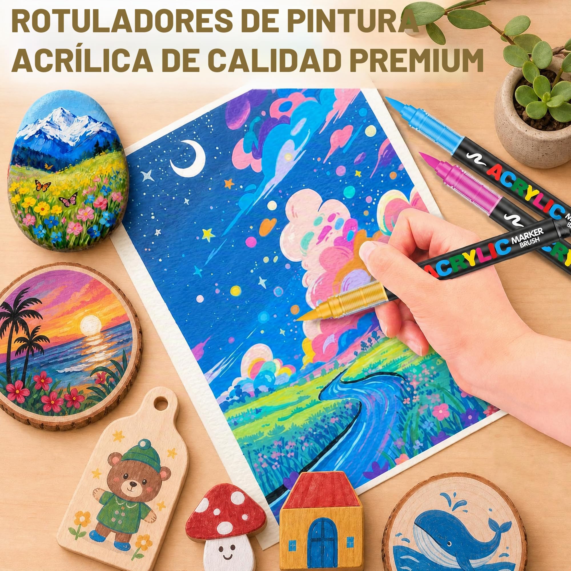 Melifluo 288 Rotuladores Acrílicos Punta Pincel - Marcadores Permanentes para Piedras, Tela, Vidrio, Madera, Cerámica, Lienzo y Papel - Pintura Acrílica de Secado Rápido para Lettering y Manualidades