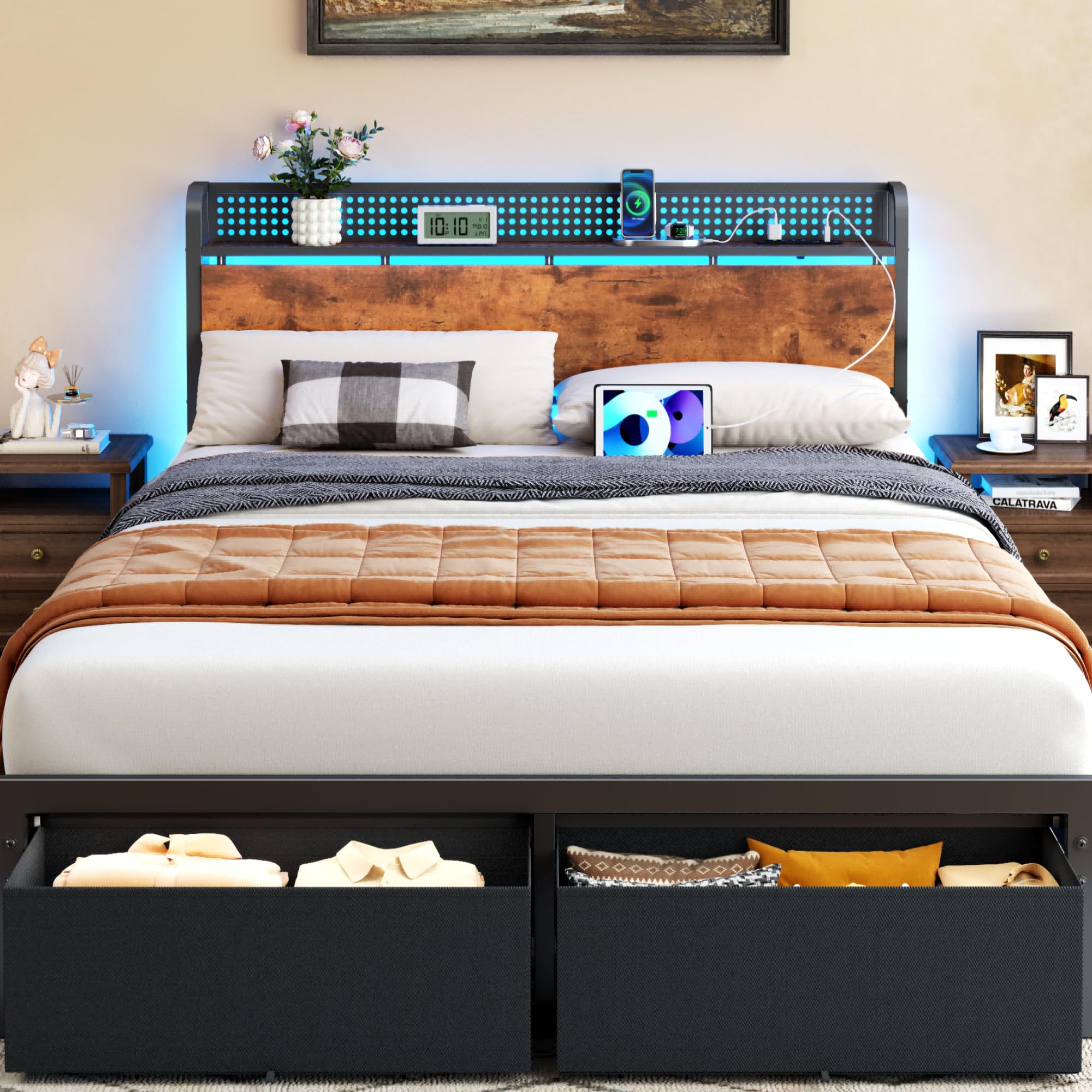 Furnulem Queen Size Bed Frame with Headboard Storage