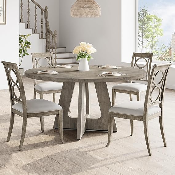 GarveeHome 47-Inch Round Large Dining Table Set for 4 to 6, Farmhouse Dinner Table with Wooden Top and Legs for Home Dining Room or Living Room - Grey(No Chairs)