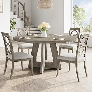 GarveeHome 47-Inch Round Large Dining Table Set for 4 to 6, Farmhouse Dinner Table with Wooden Top and Legs for Home Dining Room or Living Room - Grey(No Chairs)