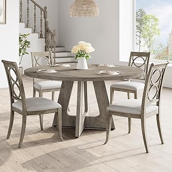 GarveeHome 47-Inch Round Large Dining Table Set for 4 to 6, Farmhouse Dinner Table with Wooden Top and Legs for Home Dining Room or Living Room - Grey(No Chairs)