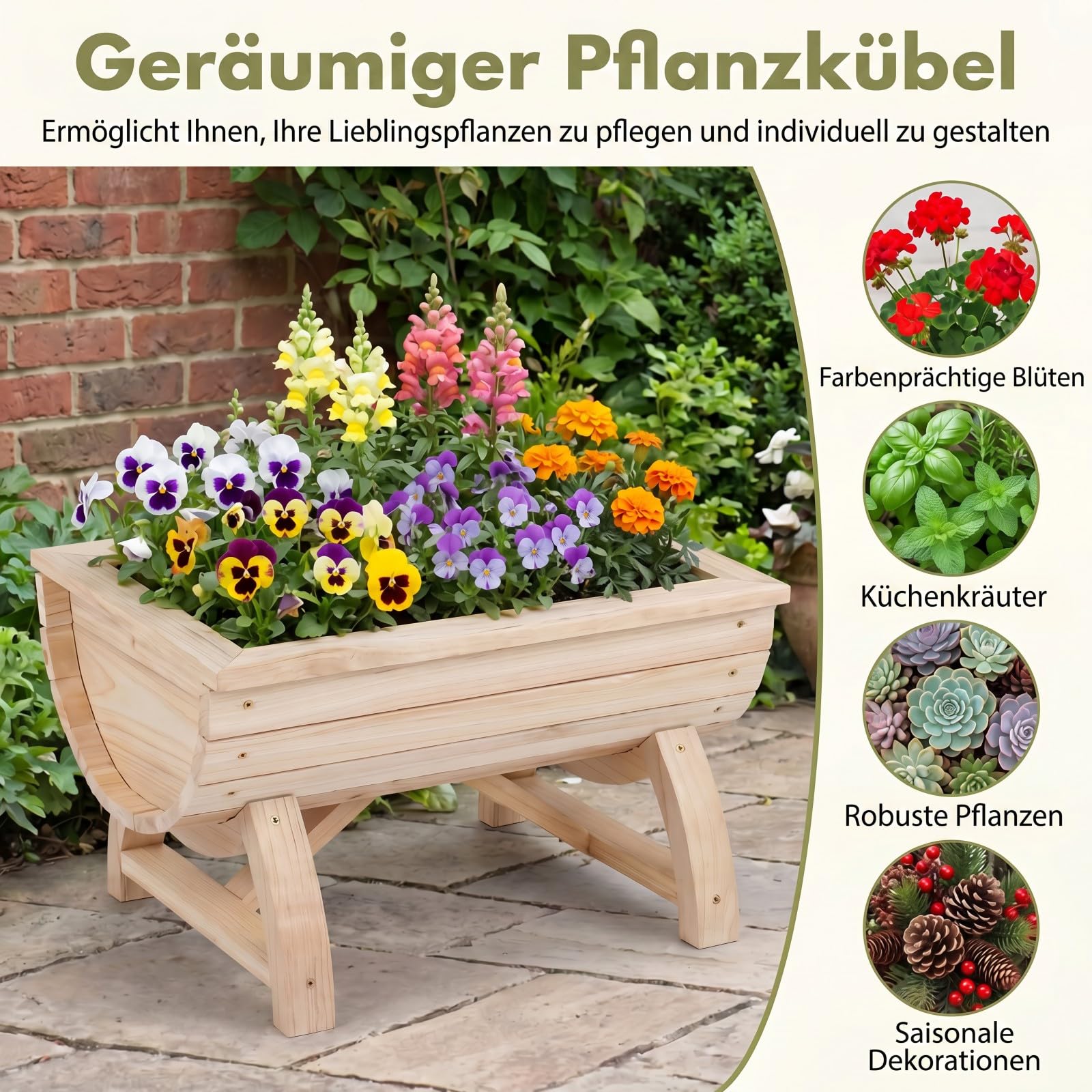 GOPLUS Blumenkasten 2er Set, Hochbeet aus Holz, Pflanzkasten mit Entwässerungsloch & Beinen, halbes Blumenfass für Gemüse, Kräuter, Obst, Outdoor Gartendeko, Blumentopf Blumenbeet für Garten & Balkon