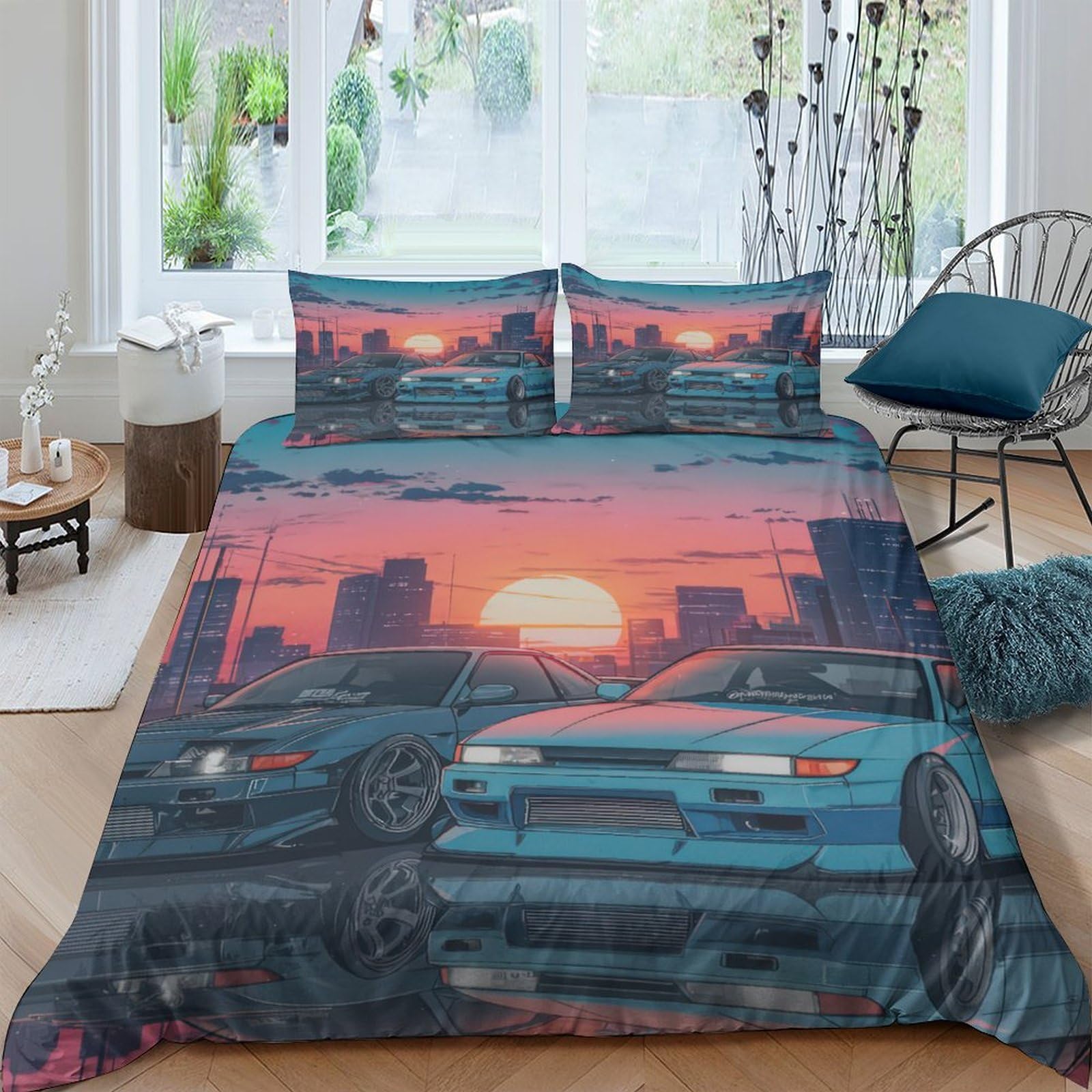 Ctjqhvkz Style-10 3D Printed Sunset Cityscape Fitted Sheet Microfiber Soft Urban Car Bed Cover For Bedroom Dorm Decor Mattress Protection Single（135X200cm）