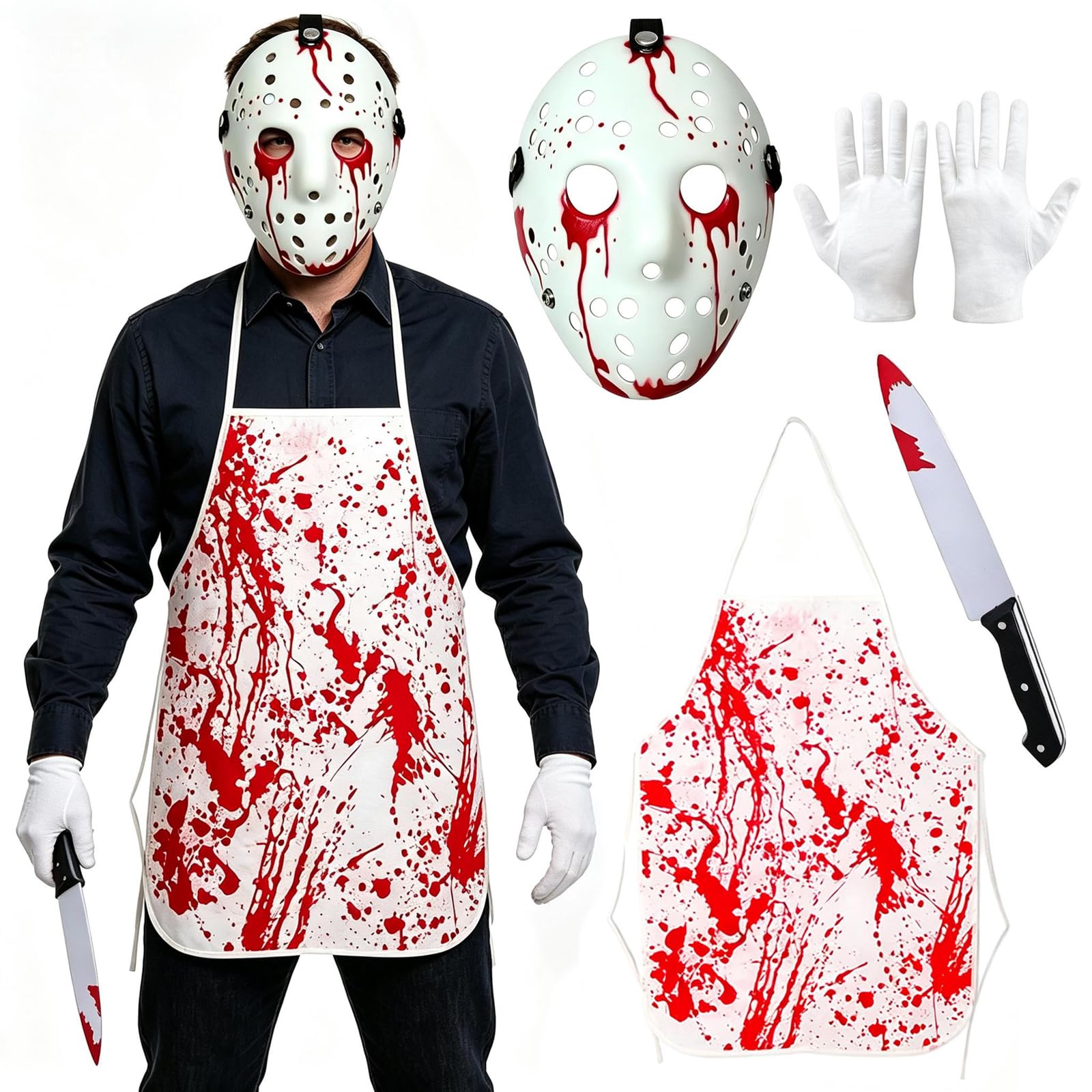 Horror Mask Set 4Pcs Halloween Fancy Dress Mask with Gloves Apron Prop