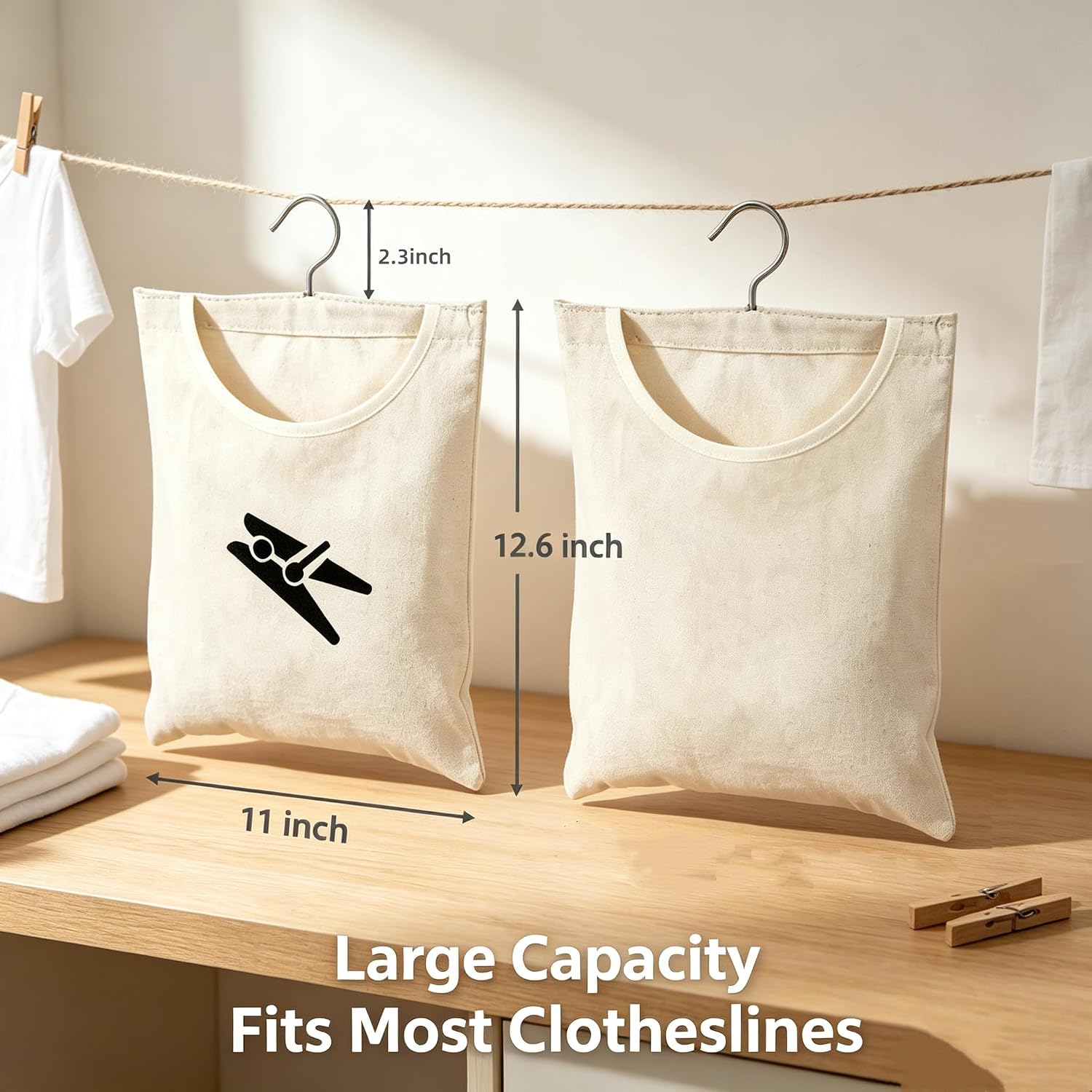 2 Pack Clothes Pin Bag, 12.6 x 11 Inch Clothespin Holder