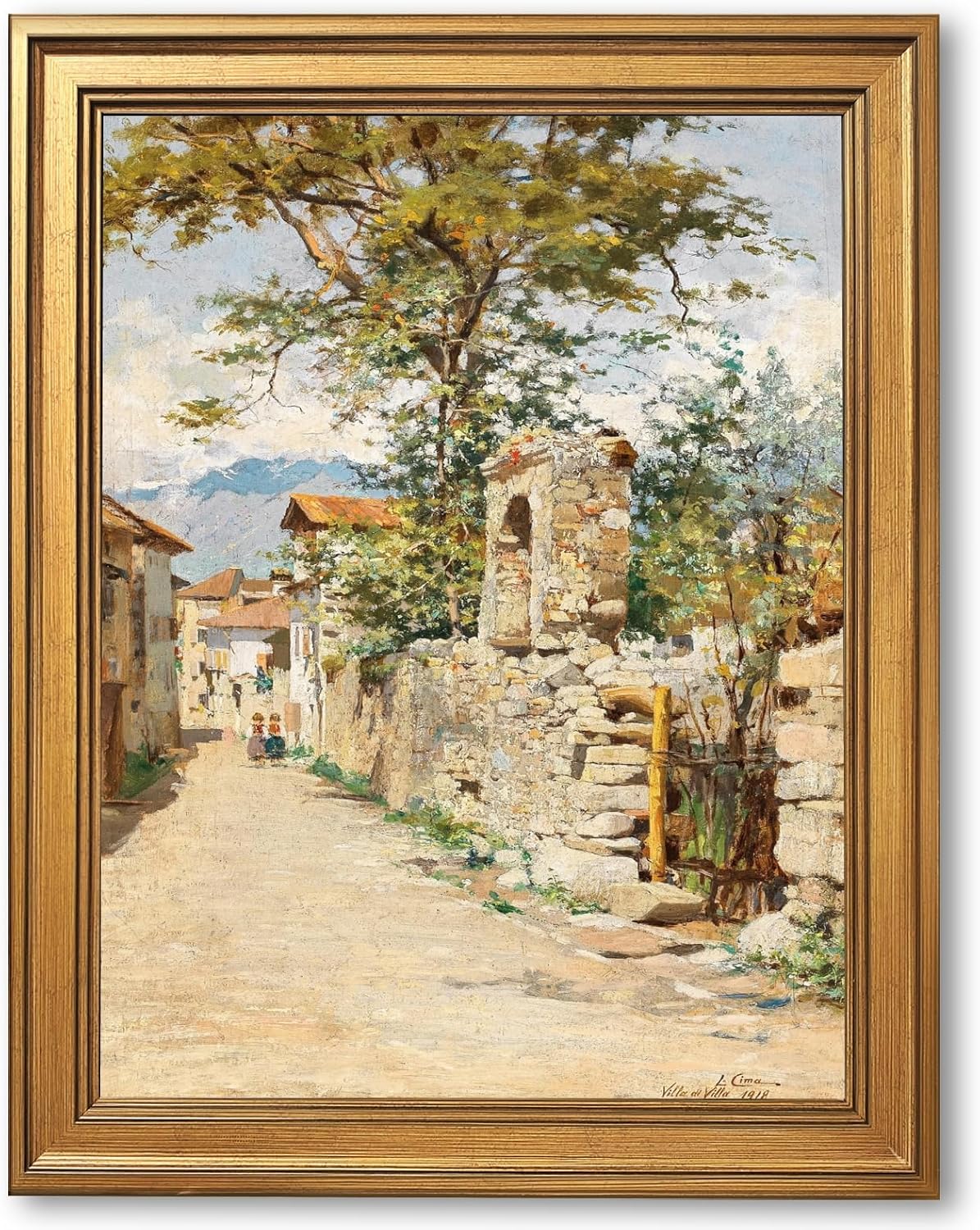Framed A Southern Street Scene with two Children Oil Painting Italian Country Landscape Wall Art European Street Life Canvas Print Poster Rustic Nature Picture Decor for Living Room Bedroom 24x36inch