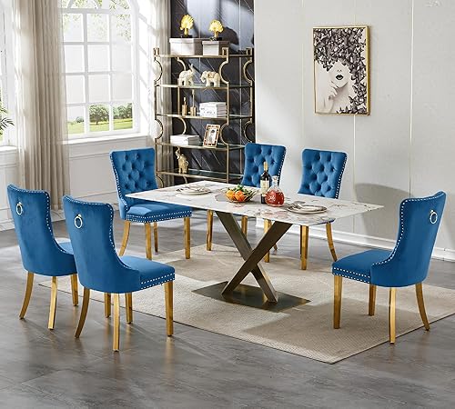 Miniatura 15 de Juego de mesa de comedor de mármol blanco para 6, 70 pulgadas, mesa de comedor de mármol blanco con 6 sillas de terciopelo beige y base de acero al