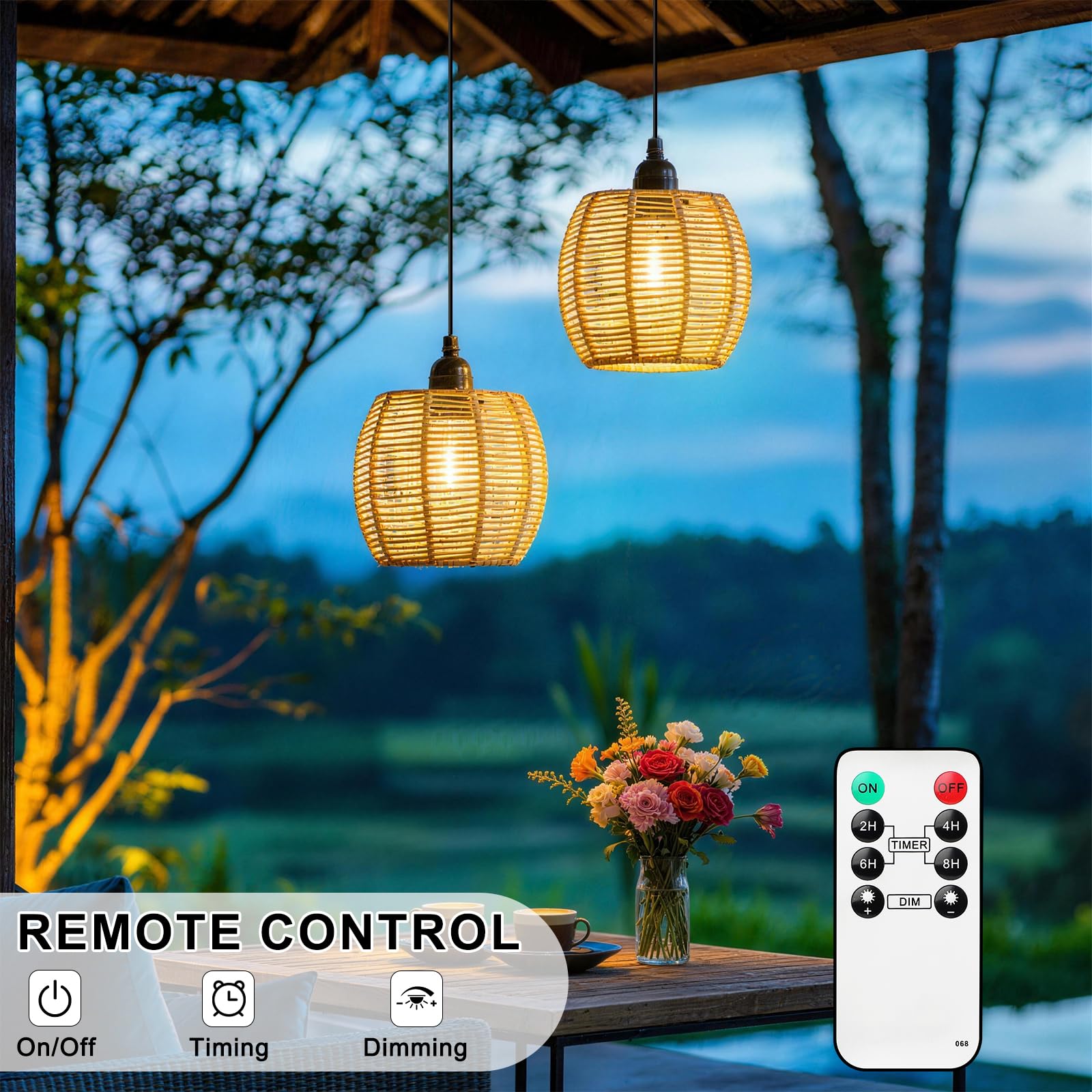 2 Lámparas Colgantes con Batería, Lámpara Exterior Techo Ratan IP65, Lampara Colgante Pilas con Mando y Bombilla Dimmable, Lámpara Colgante sin Cables para Terraza Jardín Salón Comedor