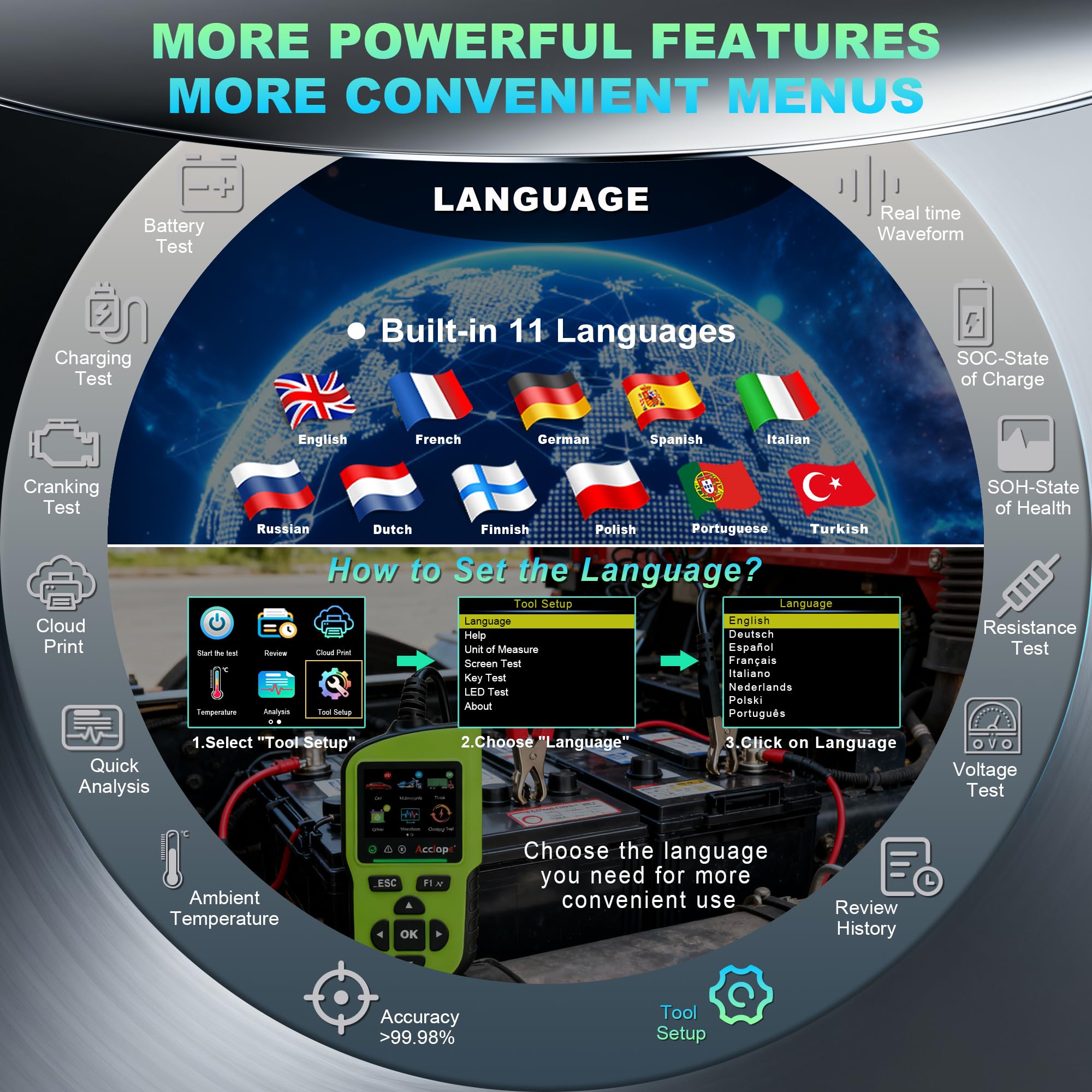BT90 PRO Tester per batteria, 6V/12V/24V, capacità 2-360Ah, 30-3800 CCA, per batterie AGM/EFB/GEL/LiFePO4, con stampa su cloud, sistema Start-Stop, test del sistema di carica e avviamento, SOH