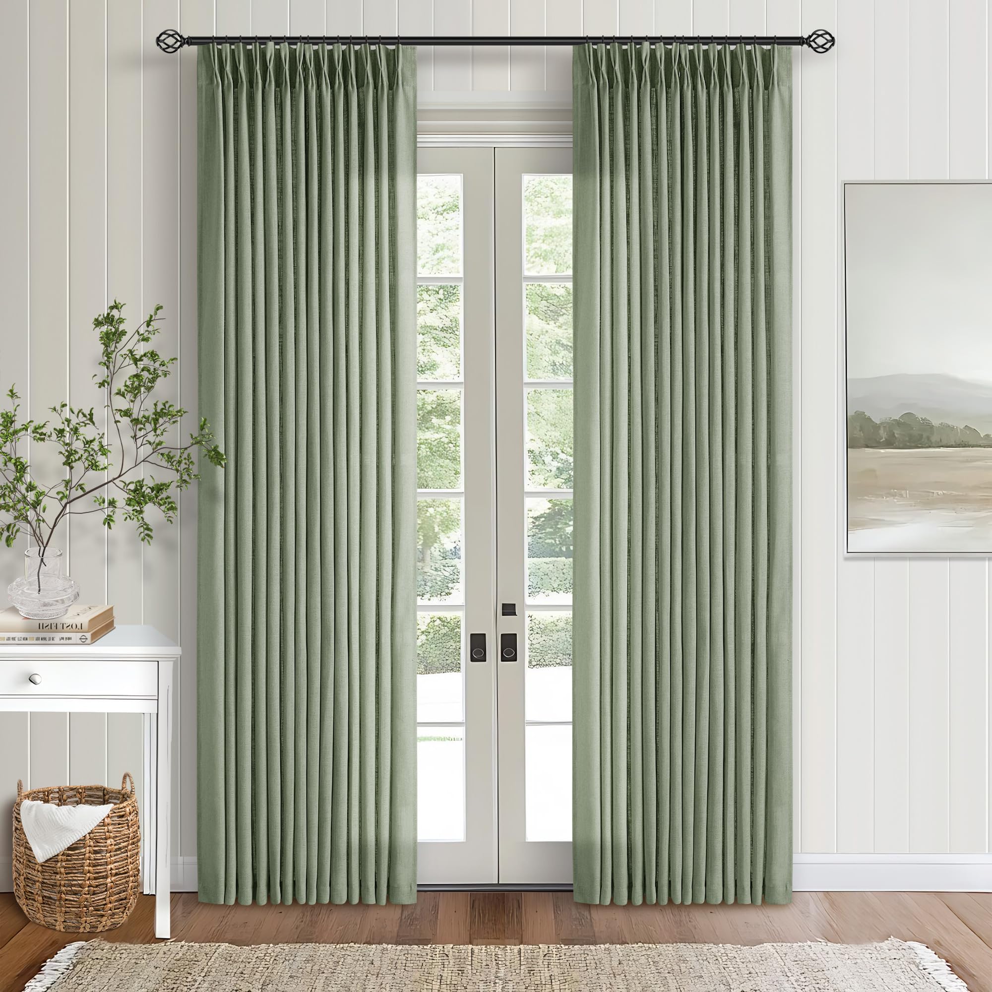 Amazon.com: Green Linen Curtains 108 Inches Long 2 Panels Set for