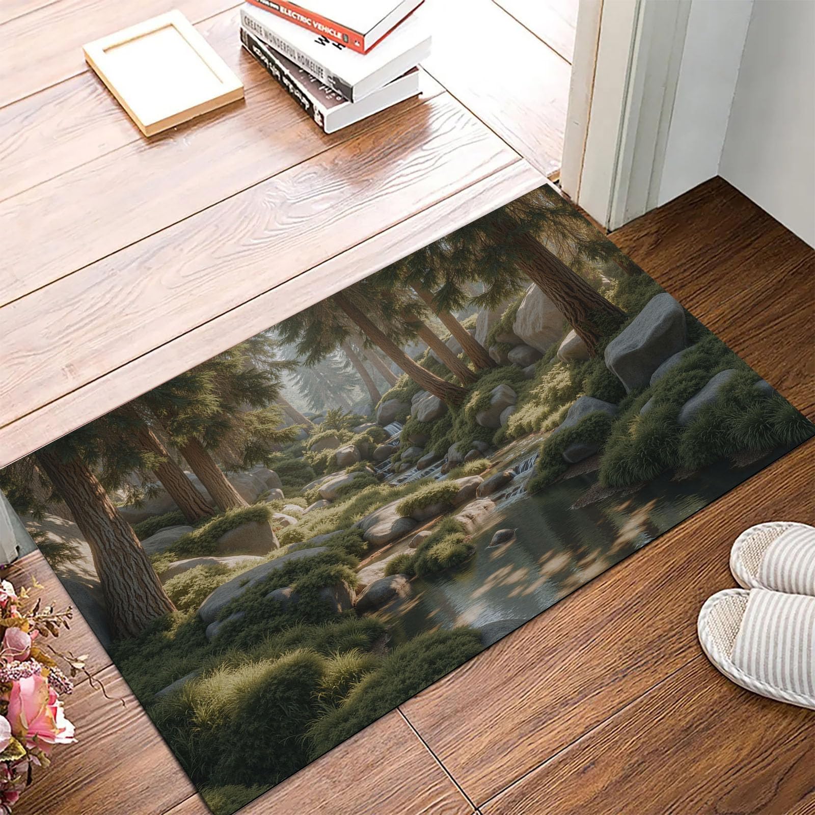 Paillasson réaliste ruisseau forestier : fini les glissades avec ce tapis lavable