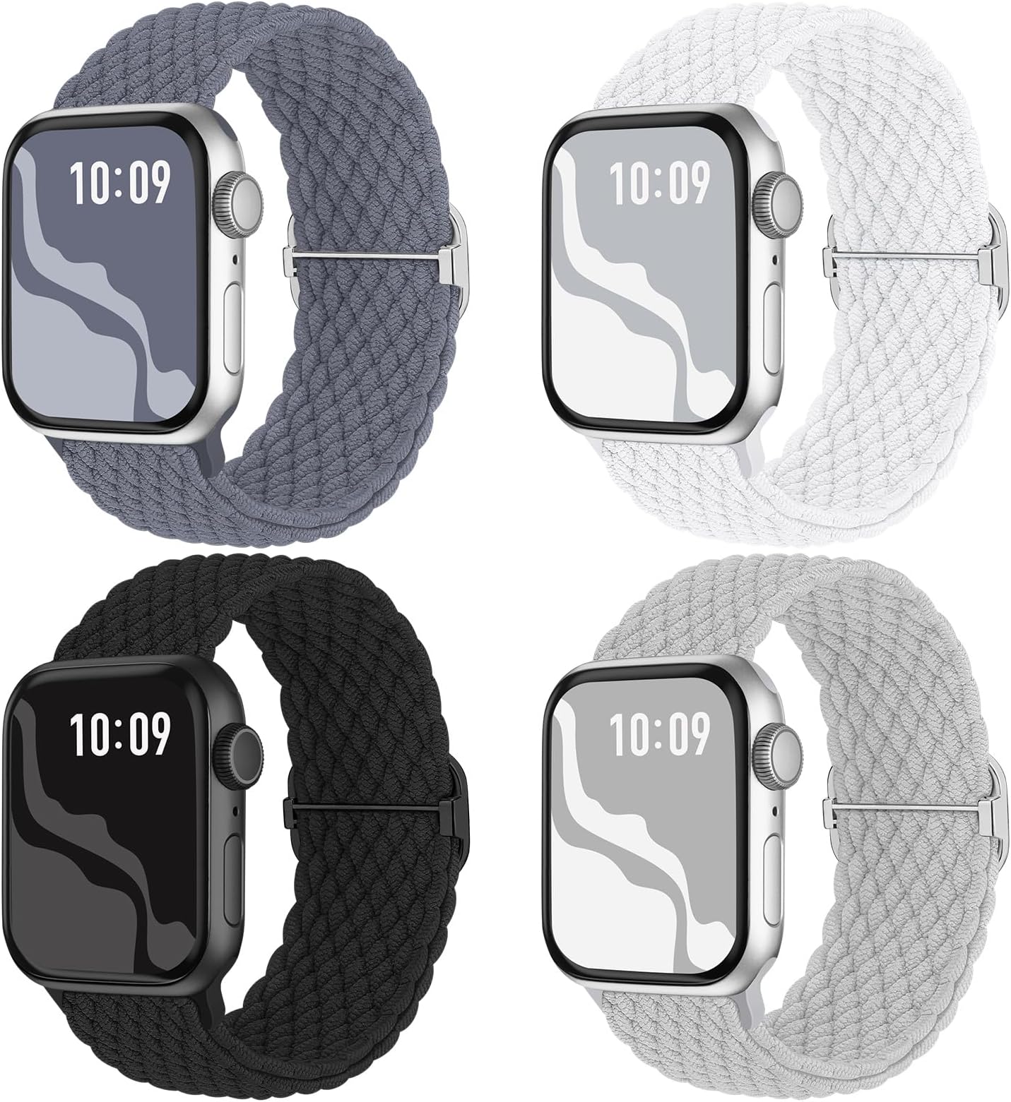 Braided Stretchy Solo Loop Compatible for Apple Watch Band 38mm 40mm 41mm 42mm 44mm 45mm 49mm for Women Men, Nylon Elastic Straps Wristbands for iWatch Series 8 7 6 SE 5 4 3 2 1 Ultra, 4Packs