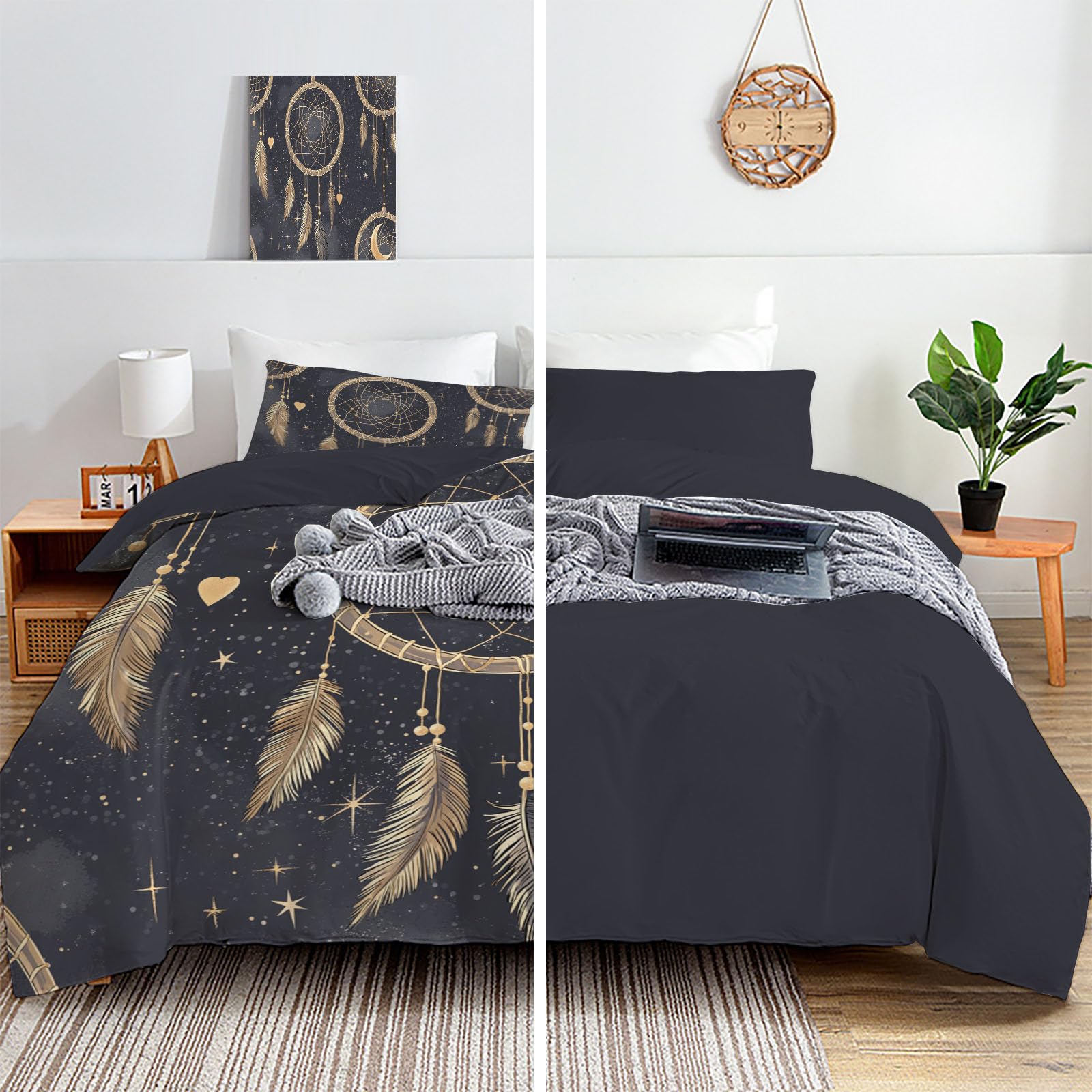 Wendebettwäsche 240X220 Anthrazitgrau Eleganter Traumfänger Sternenhimmel Schlafzimmer Bettwäsche 3Tlg, Bohemian Feathers Bettbezug Und 2 Kissenbezug, Weiche Mikrofaser Deckenbezug Mit Reißverschluss